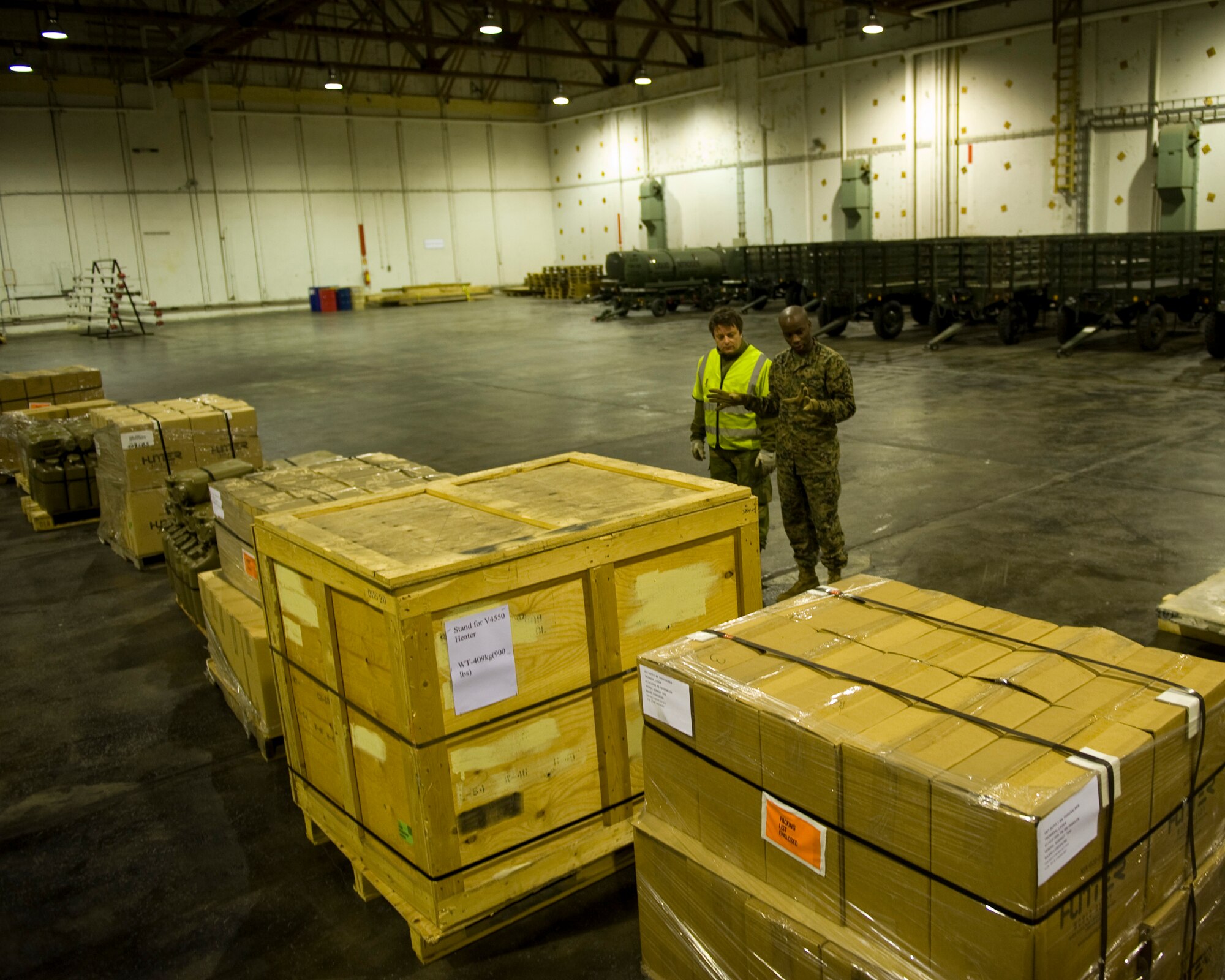 Members of the Norwegian Defense Logistic Organization/Marine Expeditionary Brigade and Marine Forces Europe prepare pallets of humanitarian supplies for transportation for Turkey, Nov. 14, 2011. The effort is in support of the Turkey-led relief efforts following the Nov. 9, and Oct. 23, 2011, earthquakes in Van province, Turkey. At the request of the Turkish government the Department of Defense has tasked U.S. European Command to airlift relief supplies to Van province.  (U.S. Air Force photo/Master Sgt. Wayne Clark, AFNE Regional News Bureau) (Released)