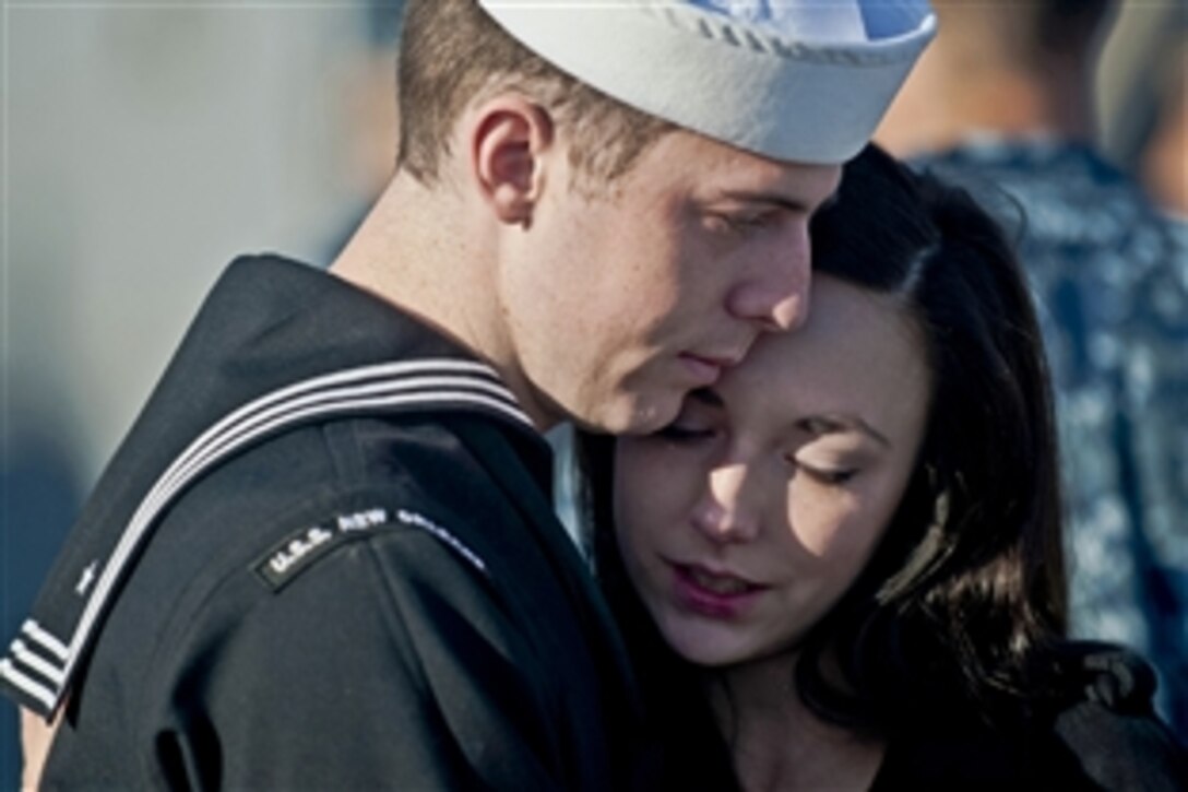 Petty Officer 2nd Class Patrick Green embraces his wife before he embarks the amphibious transport dock ship USS New Orleans for a scheduled deployment as part of the Makin Island Amphibious Ready Group, San Diego, Nov. 14, 2011. 