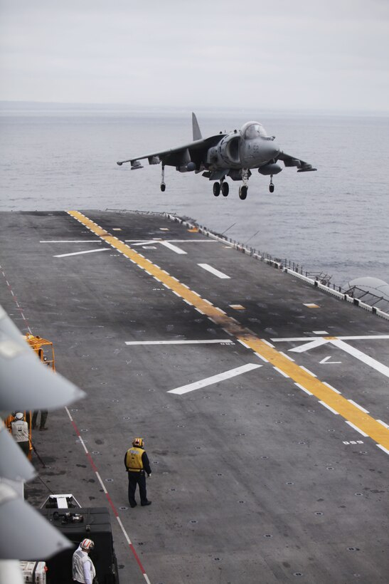 PACIFIC OCEAN - An AV-8B Harrier with Marine Medium Helicopter Squadron 268 (Reinforced) lands here Nov. 14. The squadron is the aviation combat element for the 11th Marine Expeditionary Unit, which embarked USS Makin Island, USS New Orleans and USS Pearl Harbor in San Diego harbor and began its seven-month deployment to the Western Pacific and Middle East regions.