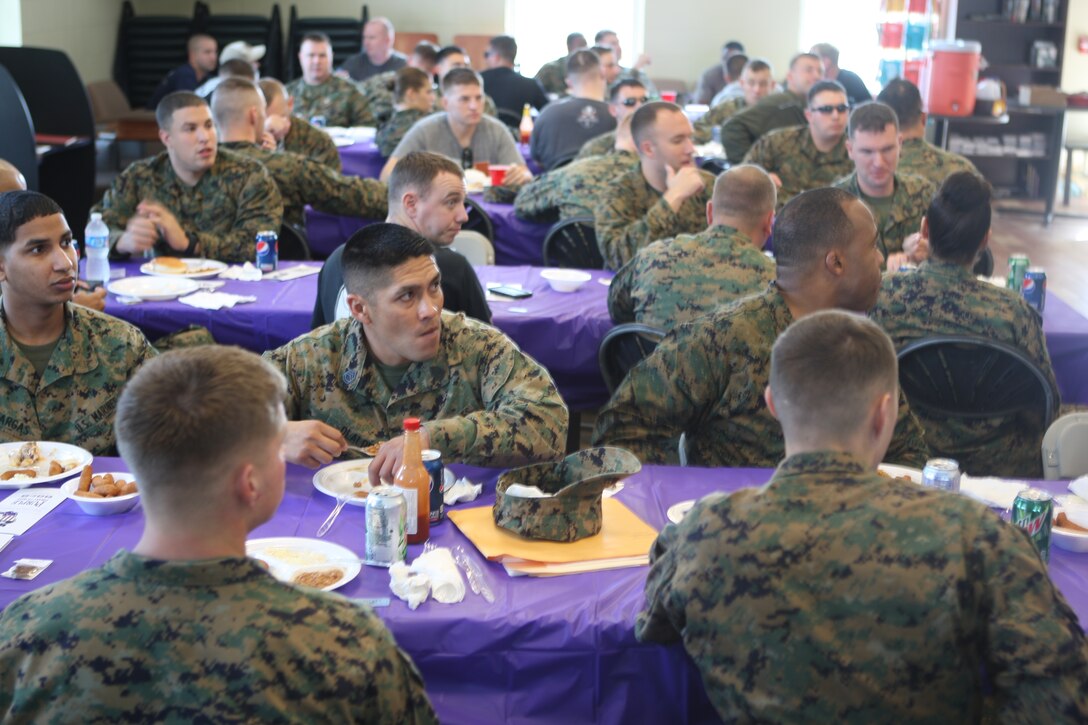 Marines with Wounded Warrior Battalion – East enjoy a lunch provided by Purple Heart Homes, a non-profit organization dedicated to aiding service-connected wounded veterans, during their appreciation luncheon at the WWBn-E barracks aboard Marine Corps Base Camp Lejeune, Nov. 16. (Official U.S. Marine Corps photo by Cpl. Jonathan G. Wright)