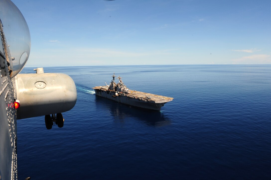 The forward-deployed amphibious assault ship USS Essex (LHD 2) is seen transiting the Celebes Sea from a CH-46E Sea Knight helicopter with Marine Medium Helicopter Squadron 265 (Reinforced), 31st Marine Expeditionary Unit. The 31st MEU is the only continually forward-deployed MEU and remains the United States' force in readiness in the Asia-Pacific region. ::r::::n:: (U.S. Navy photo by Mass Communication Specialist 2nd Class Eva-Marie Ramsaran/Released)