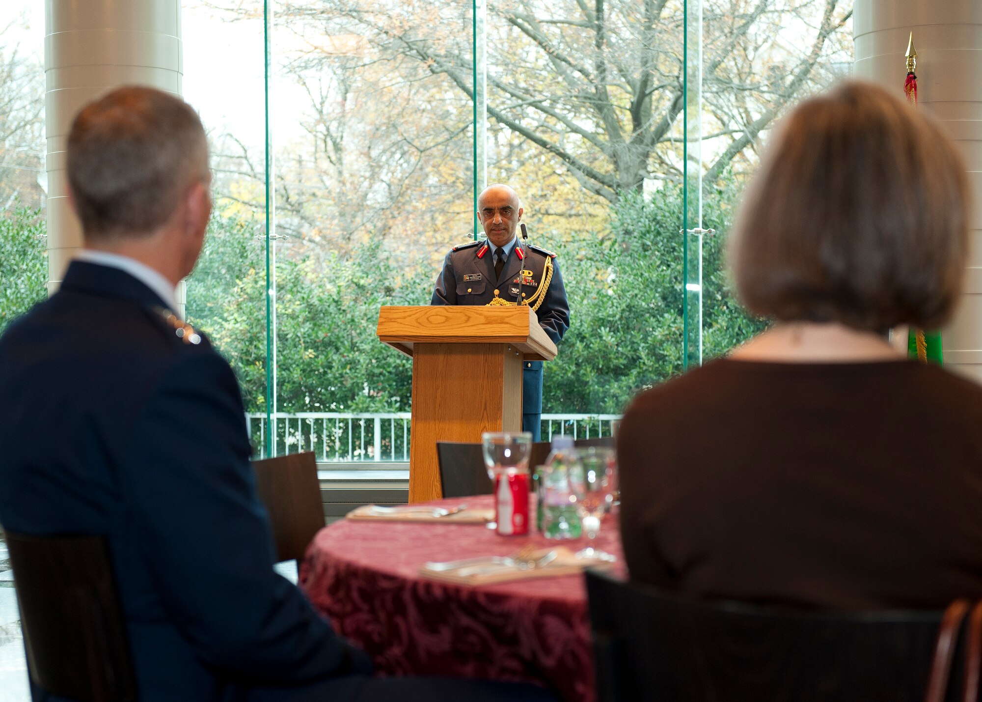 United Arab Emirates (UAE) Air Attaché Col. Abdelrahmn Al-Mazmiby addresses the audience during the Foreign Operations Missions Medal presentation to the commander of Air Combat Command, U.S. Air Force Gen. Mike Hostage III at the UAE Embassy, Washington D.C. on Nov. 15, 2011. (U.S. Air Force photo by Jim Varhegyi/Released)