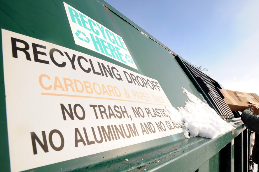 MINOT AIR FORCE BASE, N.D. -- Around the country there has been a continual effort for energy independence and the push to take the environment into consideration wherever we can. Currently, there is an ongoing Air Force-wide initiative to educate Airmen, civilian employees and family members on the importance of solid waste management on their installations and encourage their personal involvement through reduction, reuse and recycling. (U.S. Air Force photo/Stephanie Ashley)
