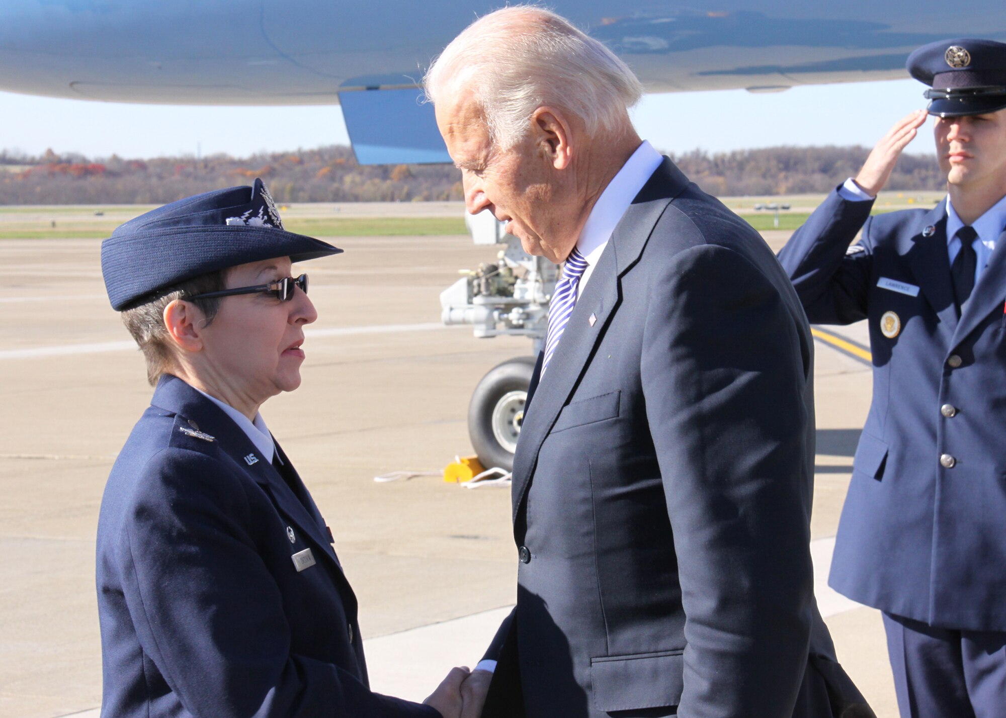 Col. Rebecca Oroukin,911th Maintenance Group Commander, greets U.S. Vice President Joseph R. Biden as he lands at the 911th Airlift Wing in Moon Township, November 4, 2011. Vice President Biden was in the Steel City to deliver a speech to students at the University of Pittsburgh. The vice president addressed the economy, the American Jobs Act, and the Obama Administration's efforts to increase college affordability. (U.S Air Force Photo/Senior Airman Jonathan Hehnly)