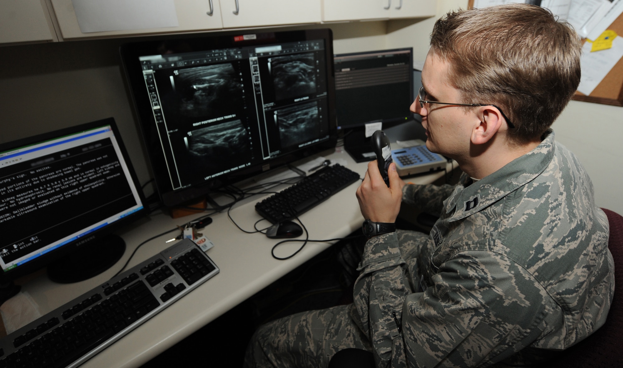Captain Nathan Kelsey, resident radiologist, reviews a sonographic examination Nov. 9 at the David Grant USAF Medical Center. (U.S. Air Force photo/Staff Sgt. Liliana Moreno)