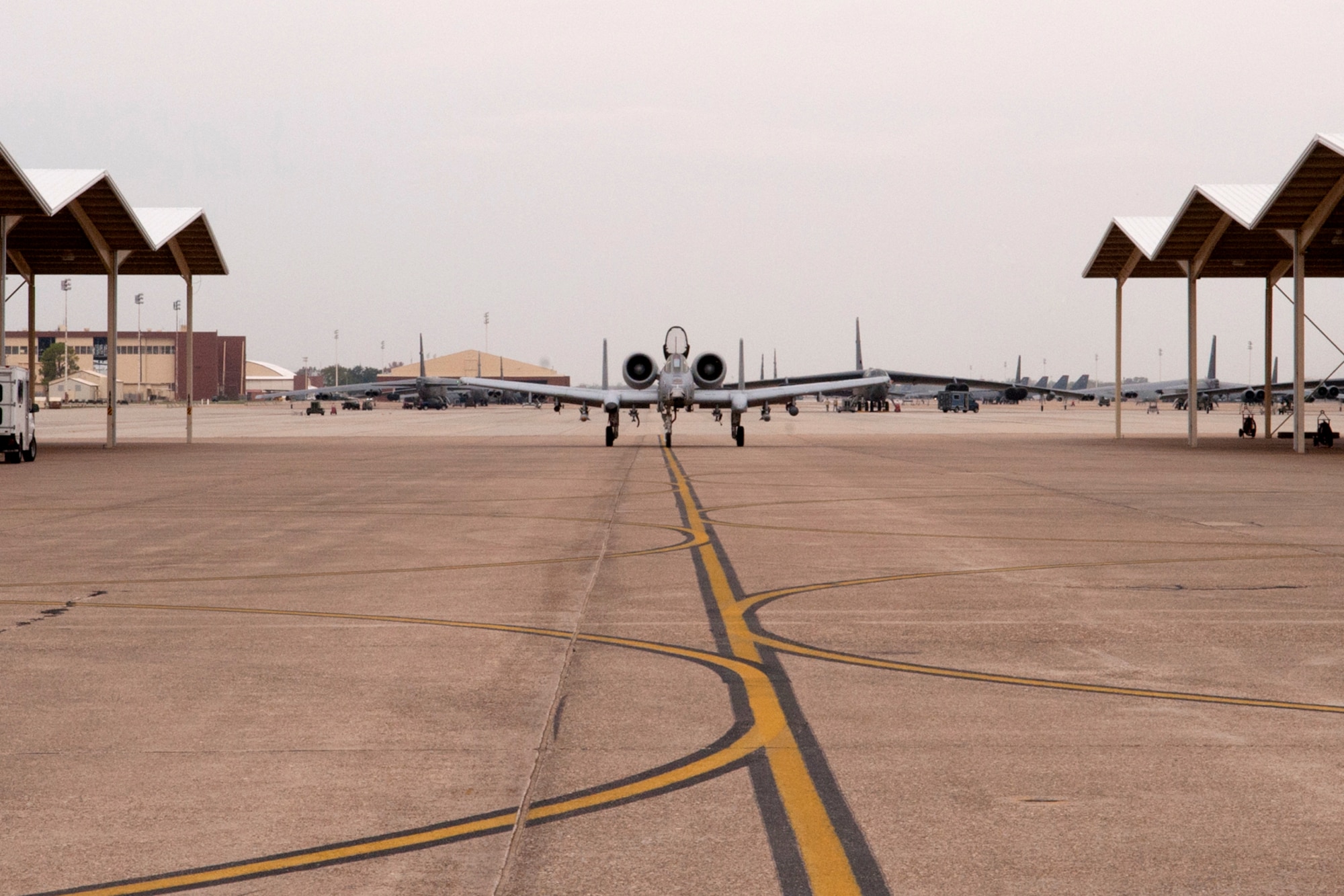 A 47th Fighter Squadron A-10 Thunderbolt II taxis back to its parking spot after returning from a Green Flag sortie, Barksdale Air Force Base, La., Nov. 16, 2011. Green Flag exercises provide realistic close-air-support training for tactical aircrews and tactical air control parties at the U.S. Army Joint Readiness Training Center at Fort Polk, La. (U.S. Air Force photo by Master Sgt. Greg Steele/Released)