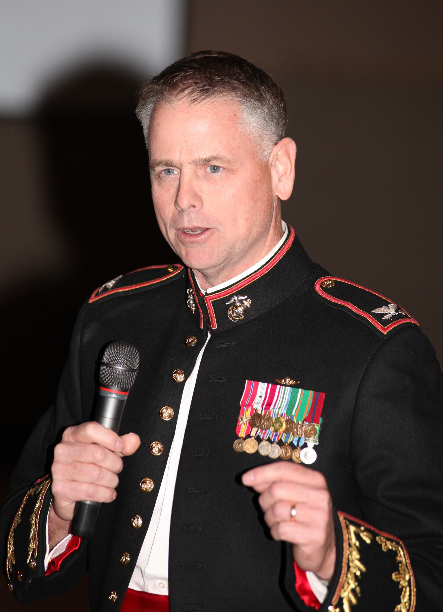 SAN ANGELO, Texas -- Retired Marine Col. R.W. Coate, previous Commanding Officer of Marine Corps Intelligence Schools, speaks to Marine Corps Ball attendees Nov. 10.  The Service celebrated 236 years. (Courtesy photo/Army Staff Sgt. Michael Carlson)