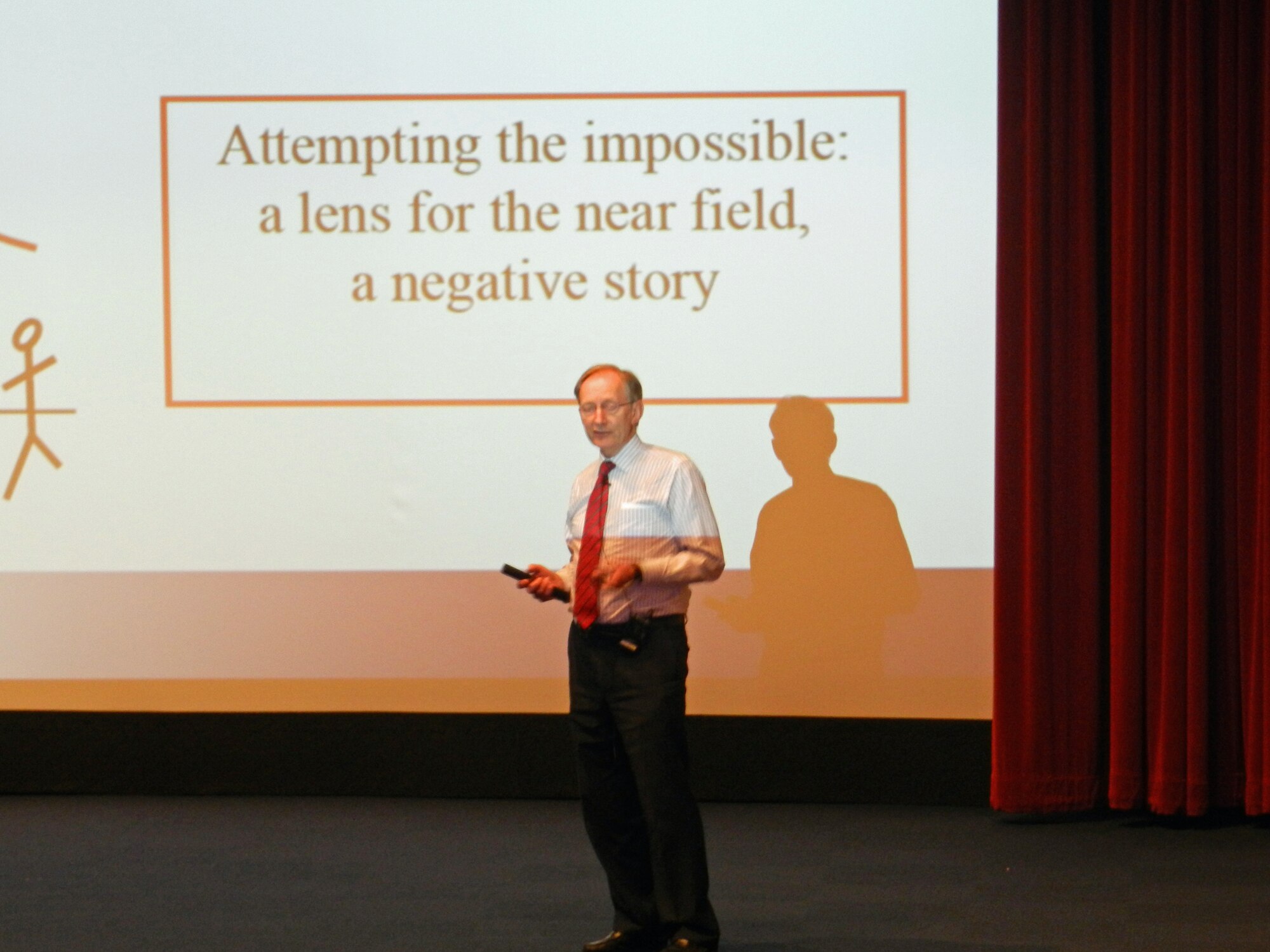 AFOSR-funded researcher, Sir John Pendry spoke to a crowd of over 200 at the Air Force Institute of Technology’s (AFIT) Kenney Hall Auditorium Monday as part of AFIT’s regular speaker series and in celebration of the 60th anniversary of the Air Force Office of Scientific Research.  