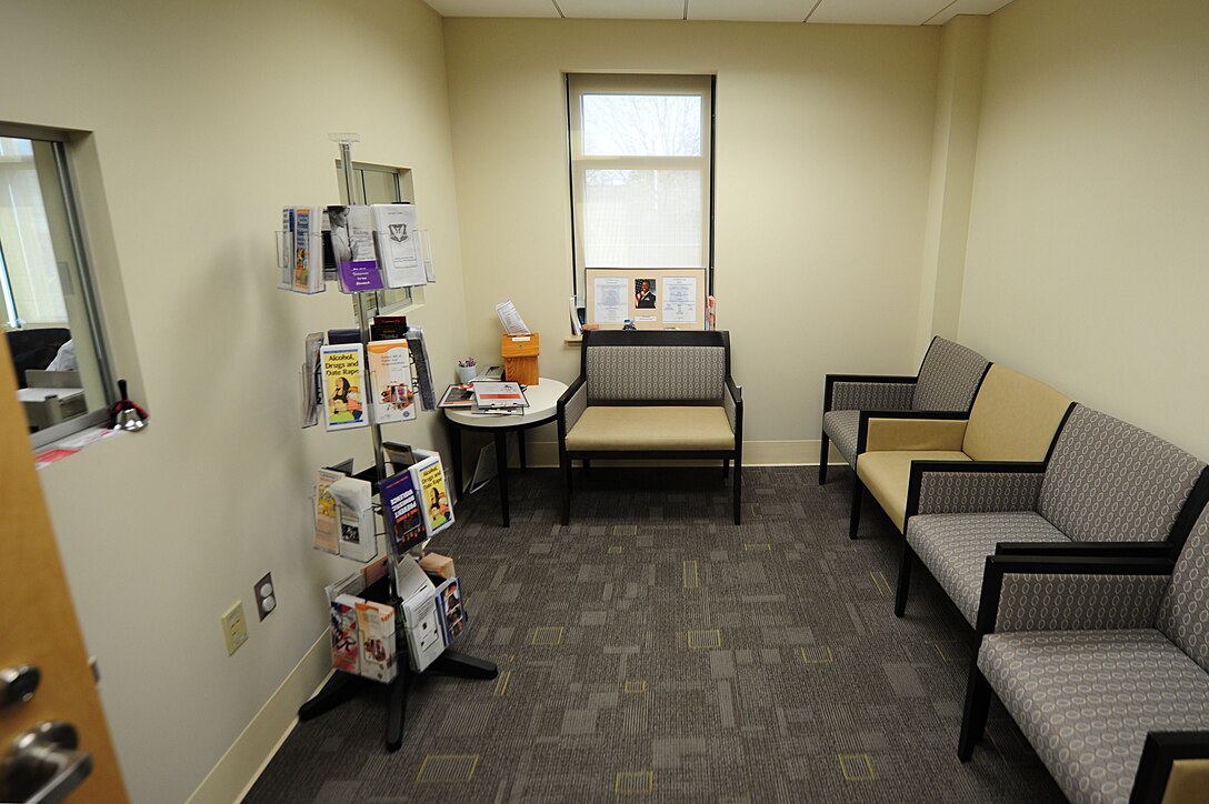 The 633rd Medical Group Mental Health clinic, as shown in this photo, is temporarily located with other clinics adjacent to the hospital pharmacy until future renovations are complete at USAF Hospital Langley at Langley Air Force Base, Va. The group's ultimate goal is to consolidate all clinics into the main hospital.  (U.S. Air Force photo by Airman 1st Class Kayla Newman/Released)