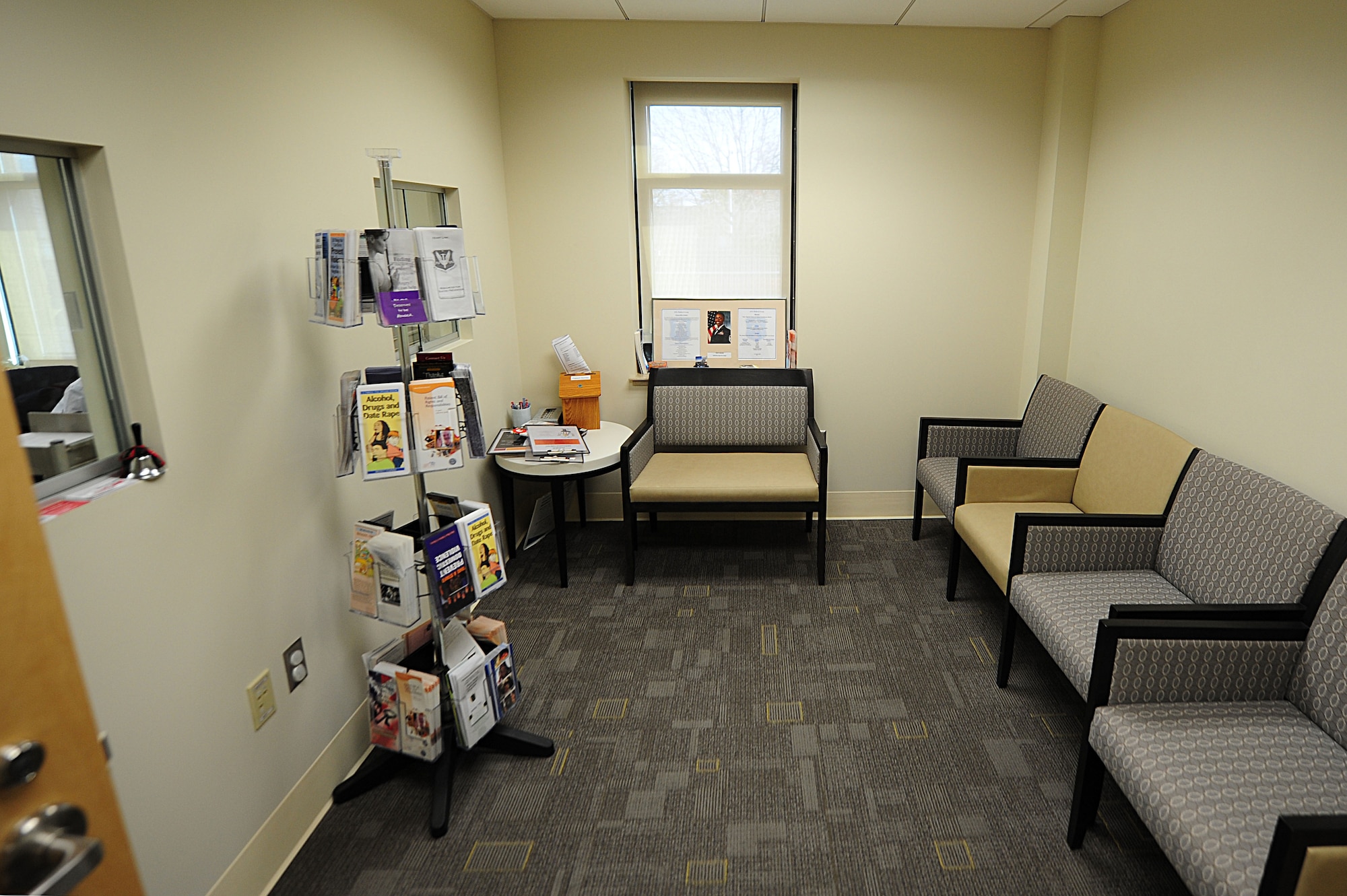 The 633rd Medical Group Mental Health clinic, as shown in this photo, is temporarily located with other clinics adjacent to the hospital pharmacy until future renovations are complete at USAF Hospital Langley at Langley Air Force Base, Va. The group's ultimate goal is to consolidate all clinics into the main hospital.  (U.S. Air Force photo by Airman 1st Class Kayla Newman/Released)