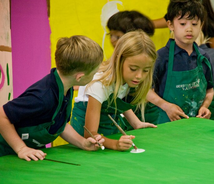 ANDERSEN AIR FORCE BASE, Guam--Children from Andersen Elementary School painted boxes that will be filled with toys, clothing and goods for Operation Christmas Drop Nov. 15 here.Throughout the week of Nov. 14, every grade will participate in decorating these boxes. Operation Christmas Drop is a non-profit organization powered by volunteers from Andersen AFB and the local community and has to date,
dropped more than 800,000 pounds of goods throughout the surrounding
islands. Fundraising for this Operation Christmas Drop is scheduled to
kick-off with a 5K run/walk Nov. 19, followed by a bake sale at the Base
Exchange Nov. 26. In addition to fundraisers, individual and group donations
may also be made to the cause. (U.S Air Force photo by Staff Sgt. Alexandre
Montes)

