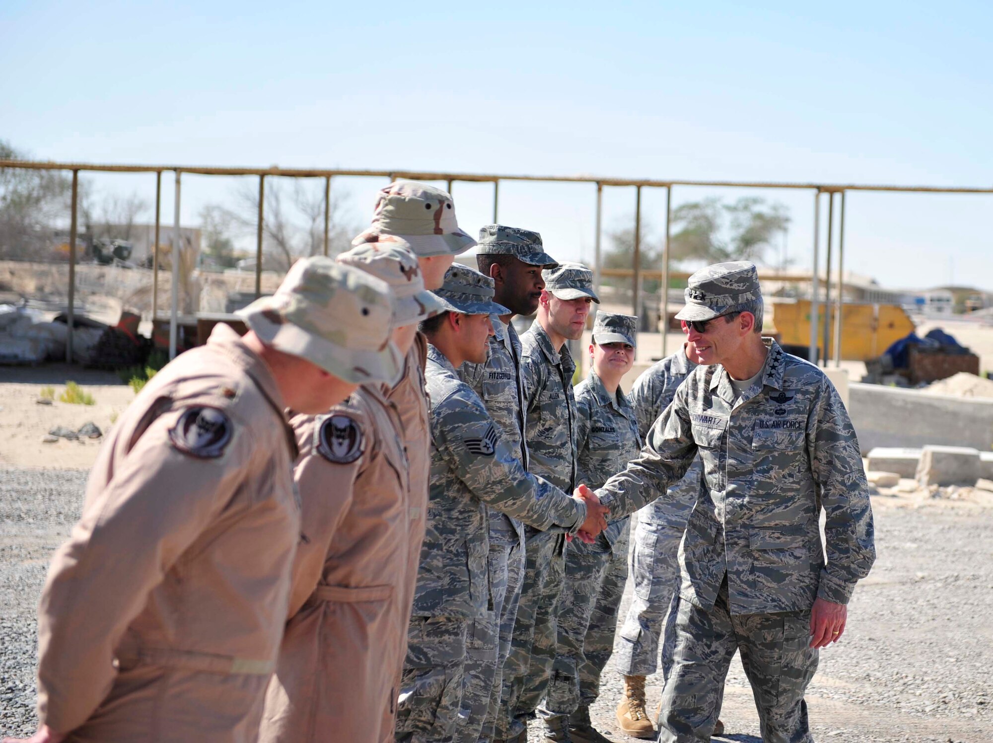 Air Force Chief of Staff Gen. Norton Schwartz greets deployed Airmen during
a visit to the 380th Air Expeditionary Wing, Nov. 14, 2011. The chief of
staff visited Airmen throughout the U.S. Central Command area of
responsibility in conjunction with attending the Dubai International Air
Chiefs Conference.  (U.S. Air Force photo/Tech. Sgt. Patrick Mitchell)
