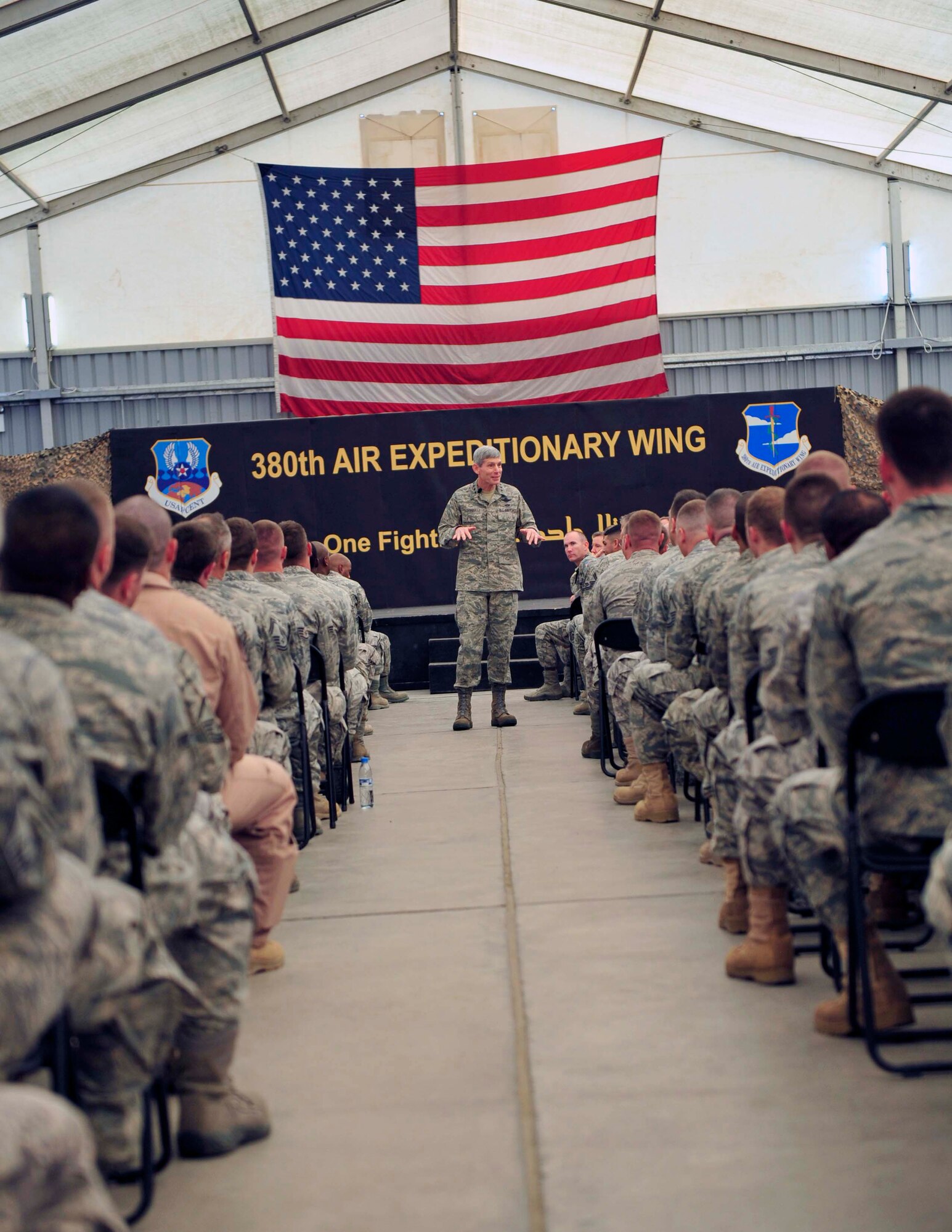Air Force Chief of Staff Gen. Norton Schwartz talks with the deployed men
and women of the 380th Air Expeditionary Wing, Nov. 14, 2011. The chief of
staff visited Airmen throughout the U.S. Central Command area of
responsibility in conjunction with attending the Dubai International Air
Chiefs Conference.  (U.S. Air Force photo/Tech. Sgt. Patrick Mitchell)
