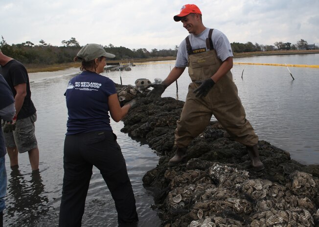 Staff Sgt Nathyn Purganan of II Marine Expeditionary Force Headquarters Group receives a bag with shells to be laid along the barrier being constructed on a North Carolina shore on Nov. 17. He was part of a nine man group that assisted throughout the day with the construction of a new oyster reef with the N.C. Coastal Federation.  (Official U.S. Marine Corps photo by Pfc. Jackeline M. Perez Rivera)