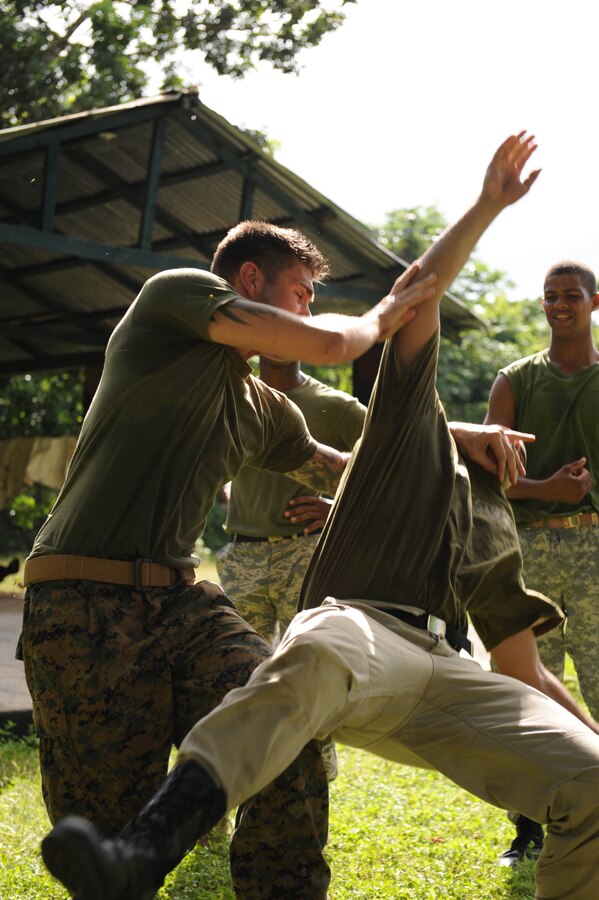 Cpl. Bradley Brouwer, assigned to the Marine detachment of High Speed Vessel (HSV 2) Swift, works with Dominican Republic Marines on Marine Corps martial arts.  The two Marine Corps are participating in a three week partnership as part of Southern Partnership Station (SPS) 2012. SPS is an annual deployment in the U.S. Southern Command's Area of Responsibility, partnering the Caribbean and Latin America.