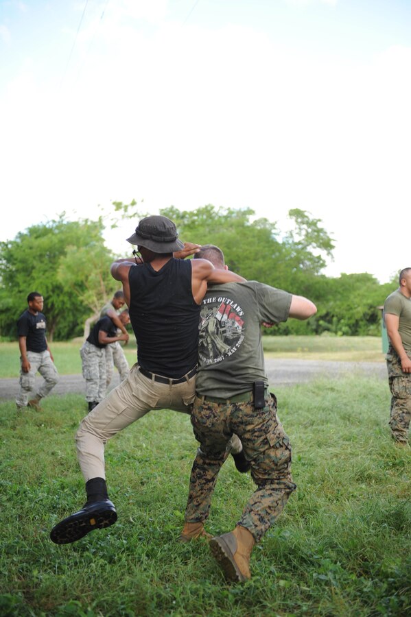 Sgt. Mark Miller, assigned to the Marine detachment of High Speed Vessel (HSV 2) Swift, works with Dominican Republic Marines on Marine Corps martial arts.  The two Marine Corps are participating in a three week partnership as part of Southern Partnership Station (SPS) 2012. SPS is an annual deployment in the U.S. Southern Command's Area of Responsibility, partnering the Caribbean and Latin America.