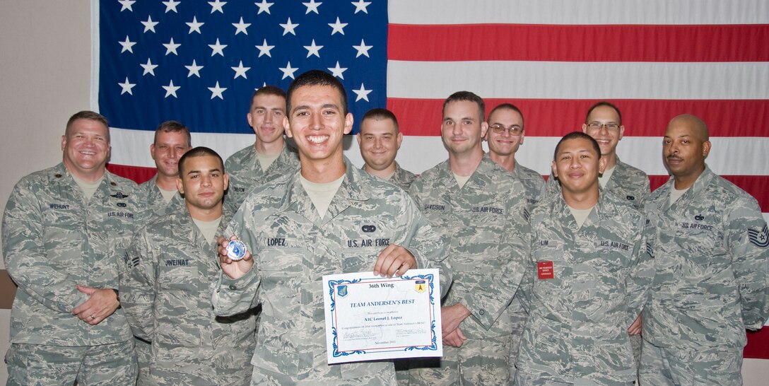 ANDERSEN AIR FORCE BASE, Guam--Airman First Class Leonel Lopez, 734th Air Mobility Squadron passenger service agent, was awarded Andersen's Best here, Nov.3. Andersen's Best is a recognition program which highlights a top performer from the 36th Wing. Each week, supervisors nominate a member of their team for outstanding performance and the wing commander presents the selected Airman/Civilian with an award. (U.S. Air Force photo by Staff Sgt. Alexandre Montes)