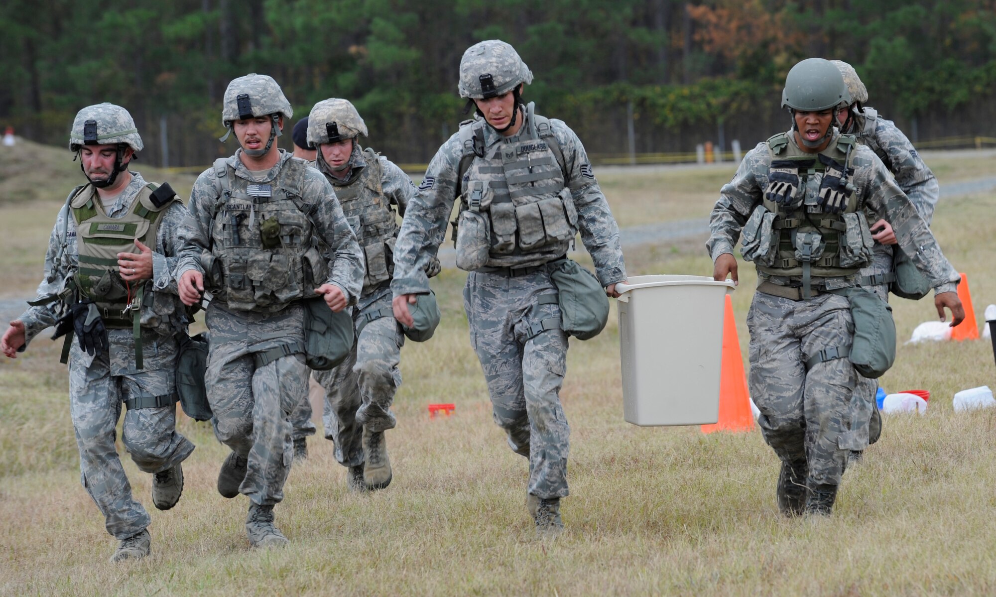 CAMP MINDEN, La. - The 509th Security  Forces Squadron participates in the logic event phase of the mental and physical challenge during the second annual Global Strike Challenge at Camp Minden, La., Nov. 7. The team was to convert gallons of water into pounds with rules and regulations on how and where to fill the bucket before weighing in. Global Strike Challenge is the premier bomber, Intercontinental Ballistic Missile and security forces competition with units from Air Force Global Strike Command, Air Combat Command, Air Force Reserve Command and the Air National Guard.  (U.S. Air Force photo/Staff Sgt. Alexandra M. Boutte) (RELEASED)