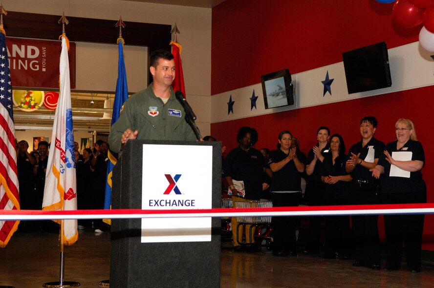 U.S. Air Force Col Charlie Moore, 20th Fighter Wing commander, speaks at the Exchange ribbon cutting ceremony, Shaw Air Force Base, S.C. Nov.17, 2011. The new Exchange will replace the oldest Exchange in the Air Force. (U.S. Air Force photo by Airman 1st Class Ashley L. Gardner/ Released)