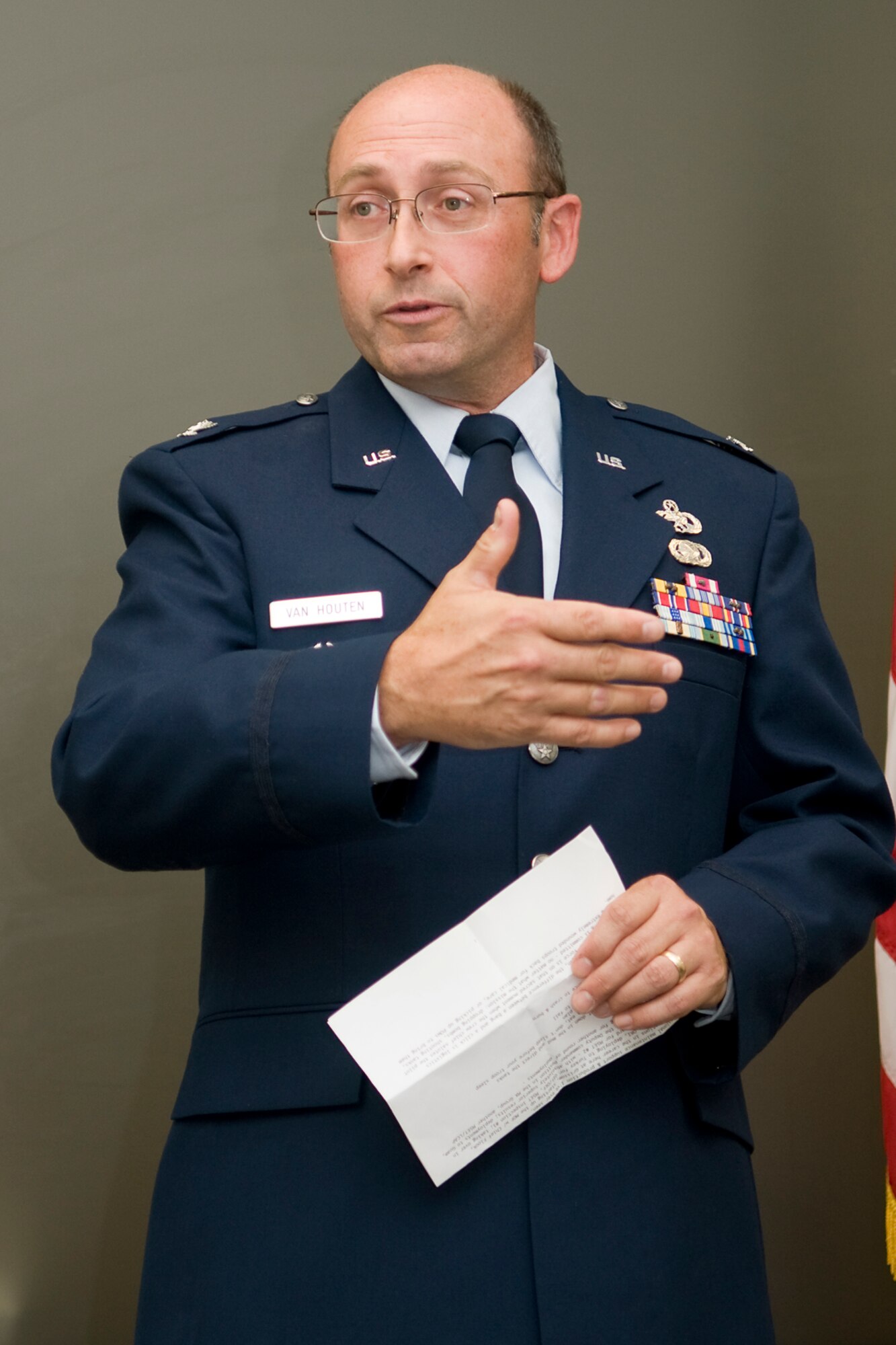 GRISSOM AIR RESERVE BASE, Ind. -- Col. Arthur L. Van Houten III addresses a crowd assembled here for his promotion ceremony Oct. 23. Van Houten served as the 434th Maintenance Group deputy commander until his promotion to full colonel. He will now serve as the senior individual mobilization augmentee for the 402nd Maintenance Wing commander at Robins Air Force Base, Ga. The 402nd MXW provides depot maintenance, engineering support and software development to major weapon systems including F-15s, C-5s, C-130s, C-17s and special operations aircraft. (U.S. Air Force photo/Tech. Sgt. Mark R. W. Orders-Woempner)
