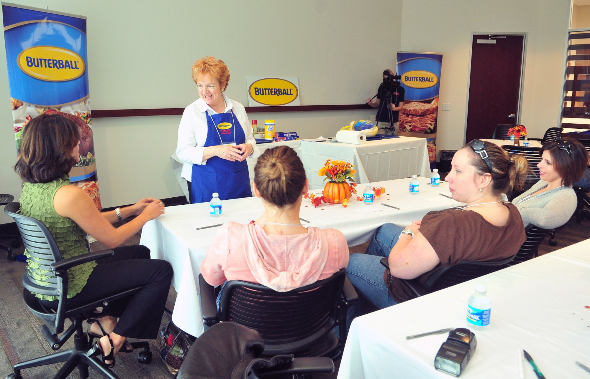 Marty Van Ness, a Butterball Turkey Talk Line specialist, answers questions about preparing a Thanksgiving meal at the Butterball University in Garner, N.C., Nov. 15, 2011. Each year, the Butterball Company brings more than 30 people from Seymour Johnson Air Force Base, N.C., and Fort Bragg Army Post, N.C., to Butterball University to learn how to properly prepare a traditional thanksgiving meal. (U.S. Air Force photo by Senior Airman Marissa Tucker)