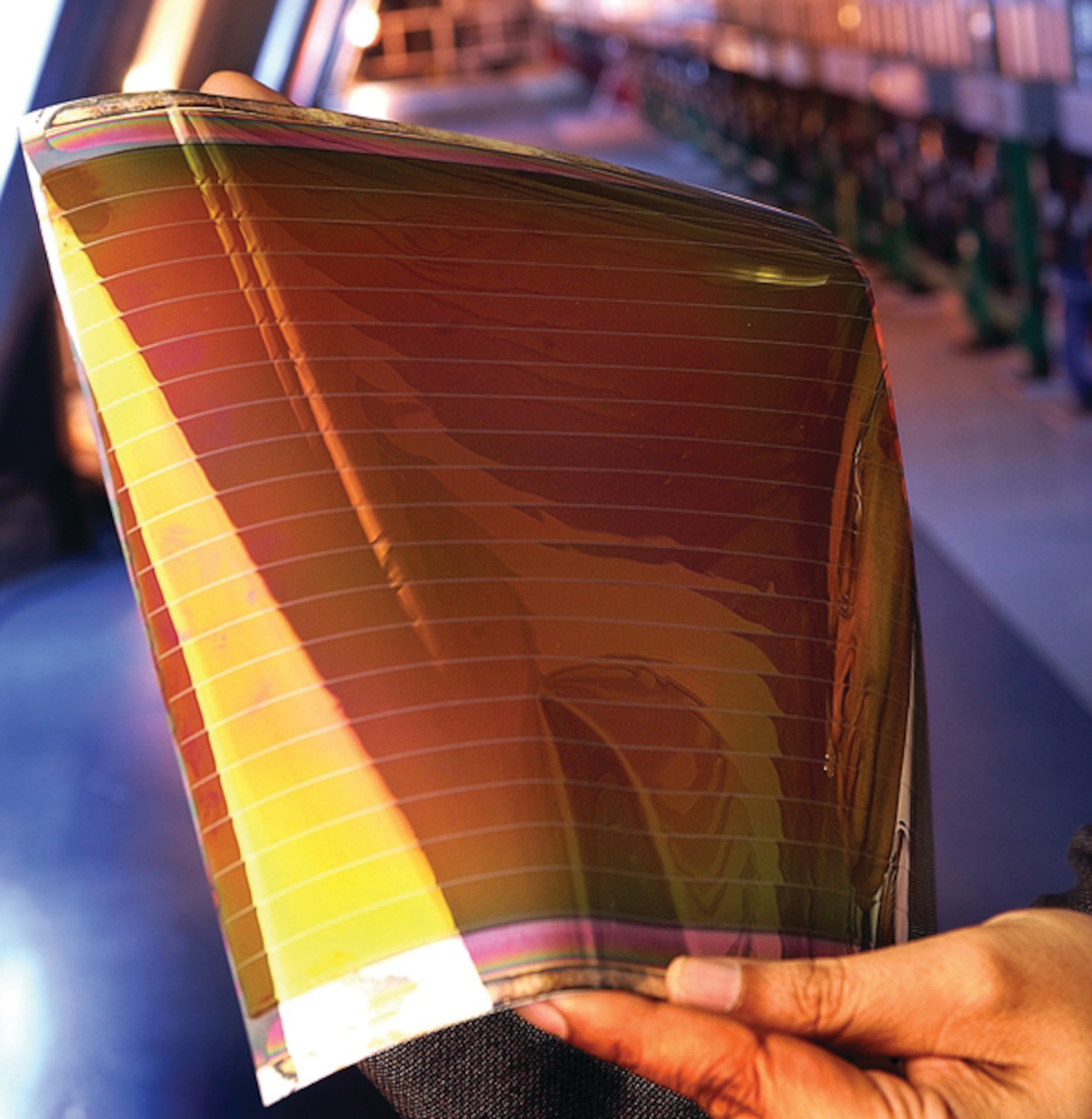 United Solar Ovonic’s existing terrestrial solar cell product, optimized for use on Earth and deposited on a heavy 5 mil stainless steel substrate.  (AFRL Image)