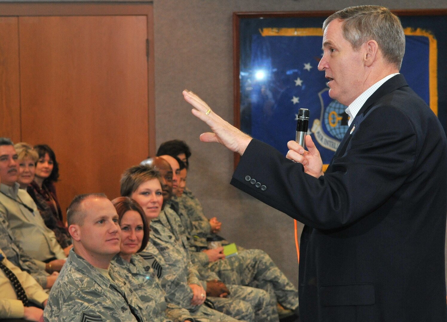 LACKLAND AIR FORCE BASE, Texas -- Former Chief Master Sergeant of the Air Force Eric Benken discusses leadership with Airmen during a Wingman Day here Nov. 17. The Air Force Intelligence, Surviellance and Reconnaissance Agency held a day of events designed to build resilient Airmen by encouraging everyone to look out for each other and intervene during signs of stress. (U.S. Air Force photo by William Belcher)
