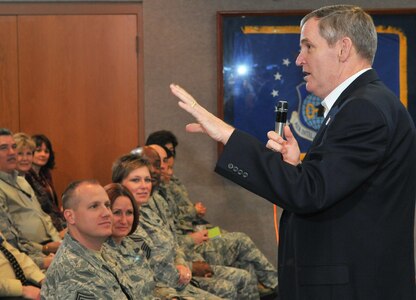 LACKLAND AIR FORCE BASE, Texas -- Former Chief Master Sergeant of the Air Force Eric Benken discusses leadership with Airmen during a Wingman Day here Nov. 17. The Air Force Intelligence, Surviellance and Reconnaissance Agency held a day of events designed to build resilient Airmen by encouraging everyone to look out for each other and intervene during signs of stress. (U.S. Air Force photo by William Belcher)