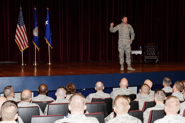 Maj. Gen. Leonard Patrick speaks to Sheppard members during an All Call at the base theater Nov. 16, at Sheppard Air Force Base, Texas. After his speech, Patrick answered general questions about training and the Air Force at large. (U. S. Air Force photo/Frank Carter)