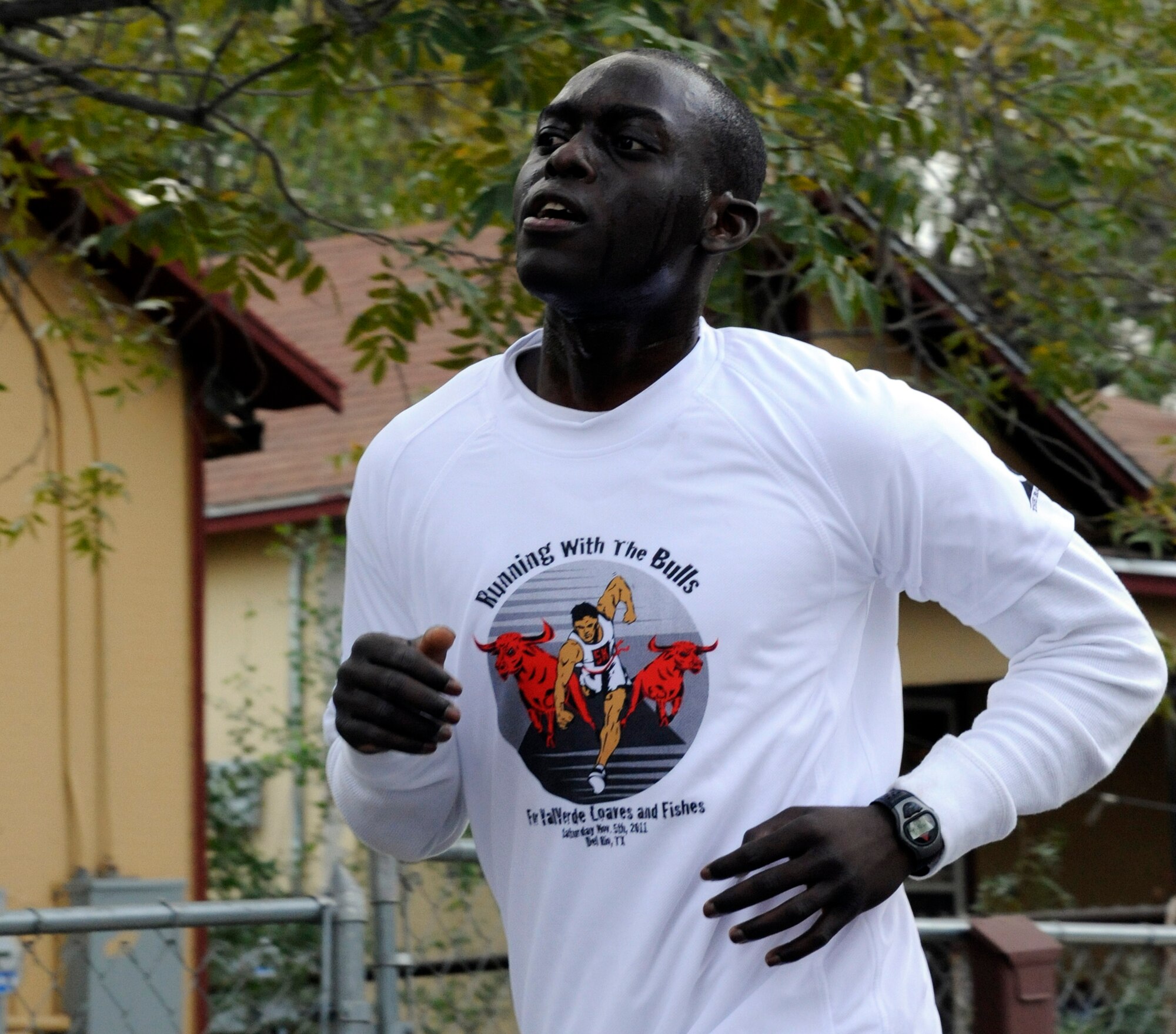 LAUGHLIN AIR FORCE BASE, Texas - A runner pushes on as he nears the final bend of the Running with the Bulls 5K in Del Rio Nov. 5. Laughlin and its surrounding communities offer a number of running opportunities for those interested in participating. (U.S. Air Force photo/Airman 1st Class Nathan L. Maysonet)