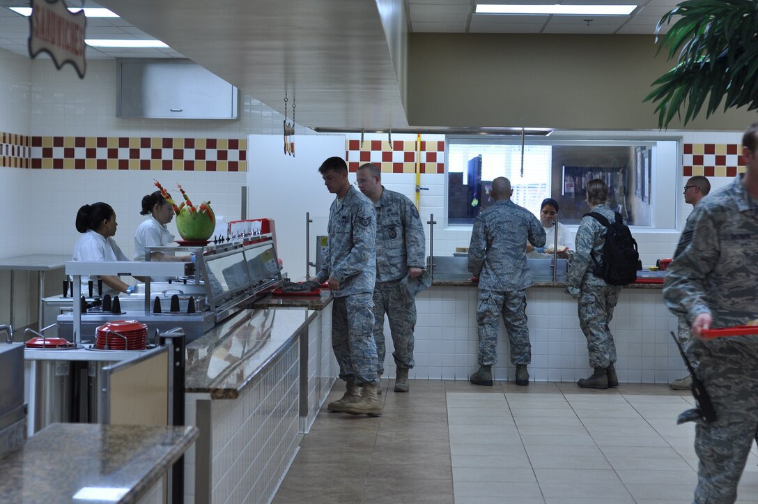 The new base dining facility opened Nov. 15, 2010. With a rotating menu, including special ethnic food and holiday meals, the dining facility offers a wide variety of food choices. (U.S. Air Force photo)