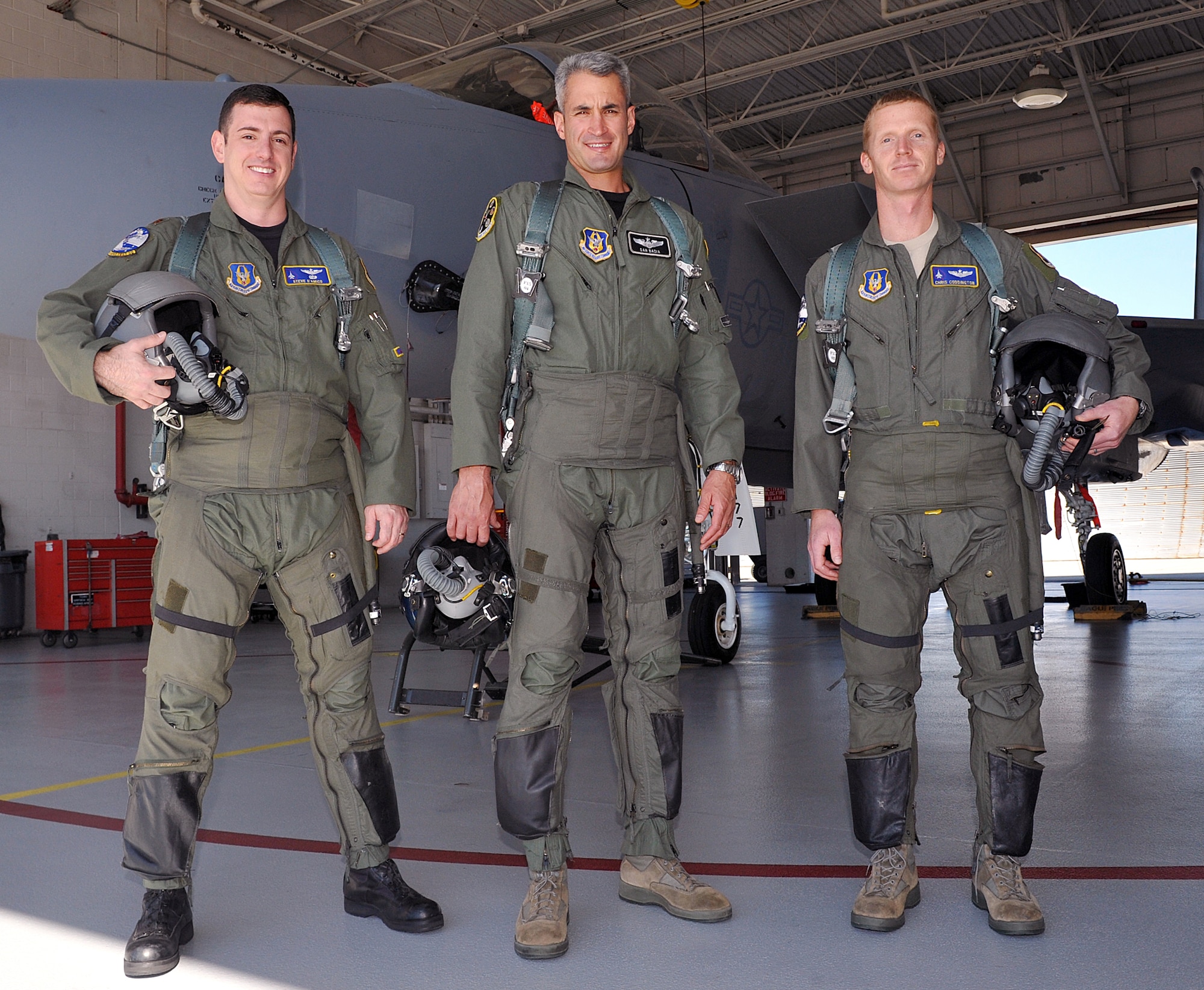 Maj. Steve "Ritalin" D'Amico, Lt. Col. Dan "Gus" Badia and Maj. Chris "Torch" Coddington are three of the test pilots who put F-15 aircraft through its paces before returning them to the warfighter. U. S. Air Force photo by Tommie Horton