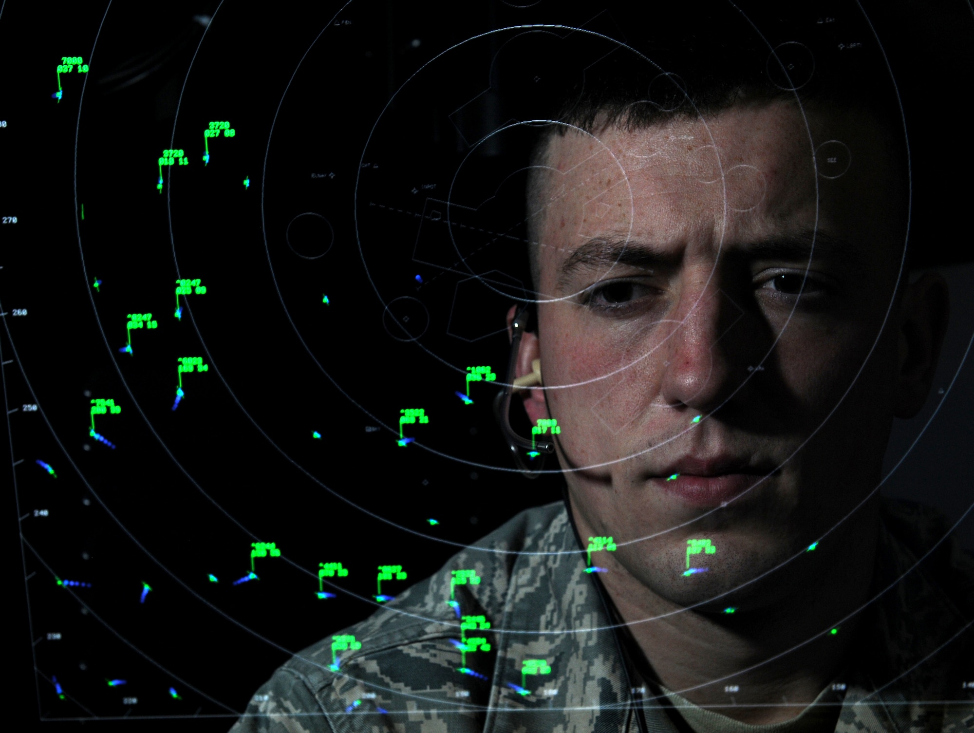 ROYAL AIR FORCE LAKENHEATH, England -- Senior Airman Christopher Farwick, 48th Operational Support Squadron radar approach control air traffic control journeyman, observes the radar, Nov. 17, 2011. Farwick was nominated for a Liberty Spotlight because he displays the core value of 'Excellence in All We Do'. (U.S. Air Force photo by Airman 1st Class Cory Payne)