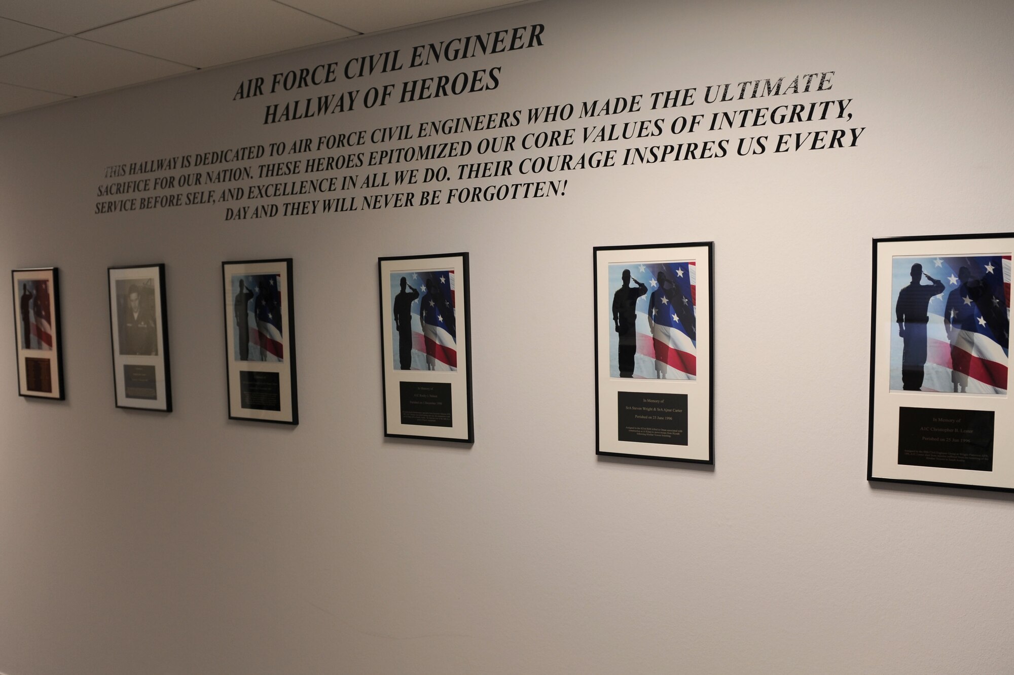 SPANGDAHLEM AIR BASE, Germany – Plaques hang on the wall in the U.S. Air Force Civil Engineer Hallway of Heroes in Bldg. 119 here Nov. 9. CES created the hallway to honor U.S. Air Force engineers who died during combat operations from Vietnam to today’s fight. (U.S. Air Force photo/Airman 1st Class Matthew B. Fredericks)