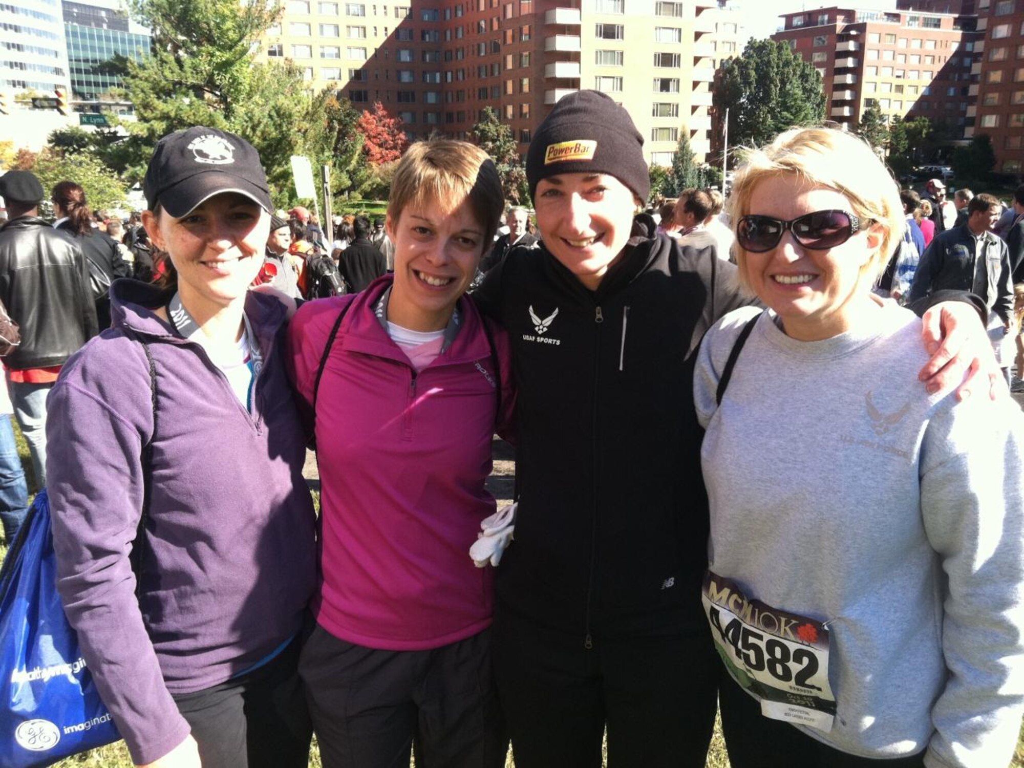 TSgt Dawn Hoffman, TSgt Jessica Chinchock, A1C Emily Shertzer, and A1C Madeleine Bittner at the Marine Corps Marathon October 30, 2011.  Dawn Hoffman, Jessica Chinchock, and Madeleine Bittner ran in the MCM 10K, and Emily Shertzer ran in the MCM.