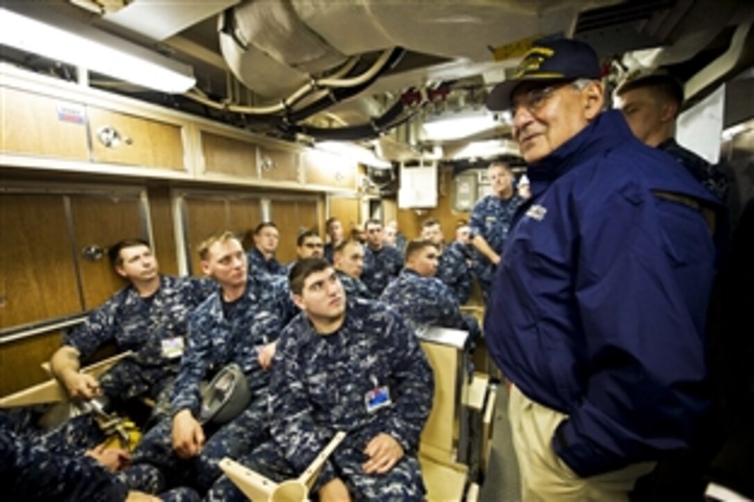 Defense Secretary Leon E. Panetta speaks to crew members aboard the Virginia-class attack submarine to be commissioned the USS Mississippi in Groton, Conn., Nov. 17, 2011. Panetta observed the final phase in the building of the submarine, which will be finished a year ahead of schedule and 15 million dollars under budget.