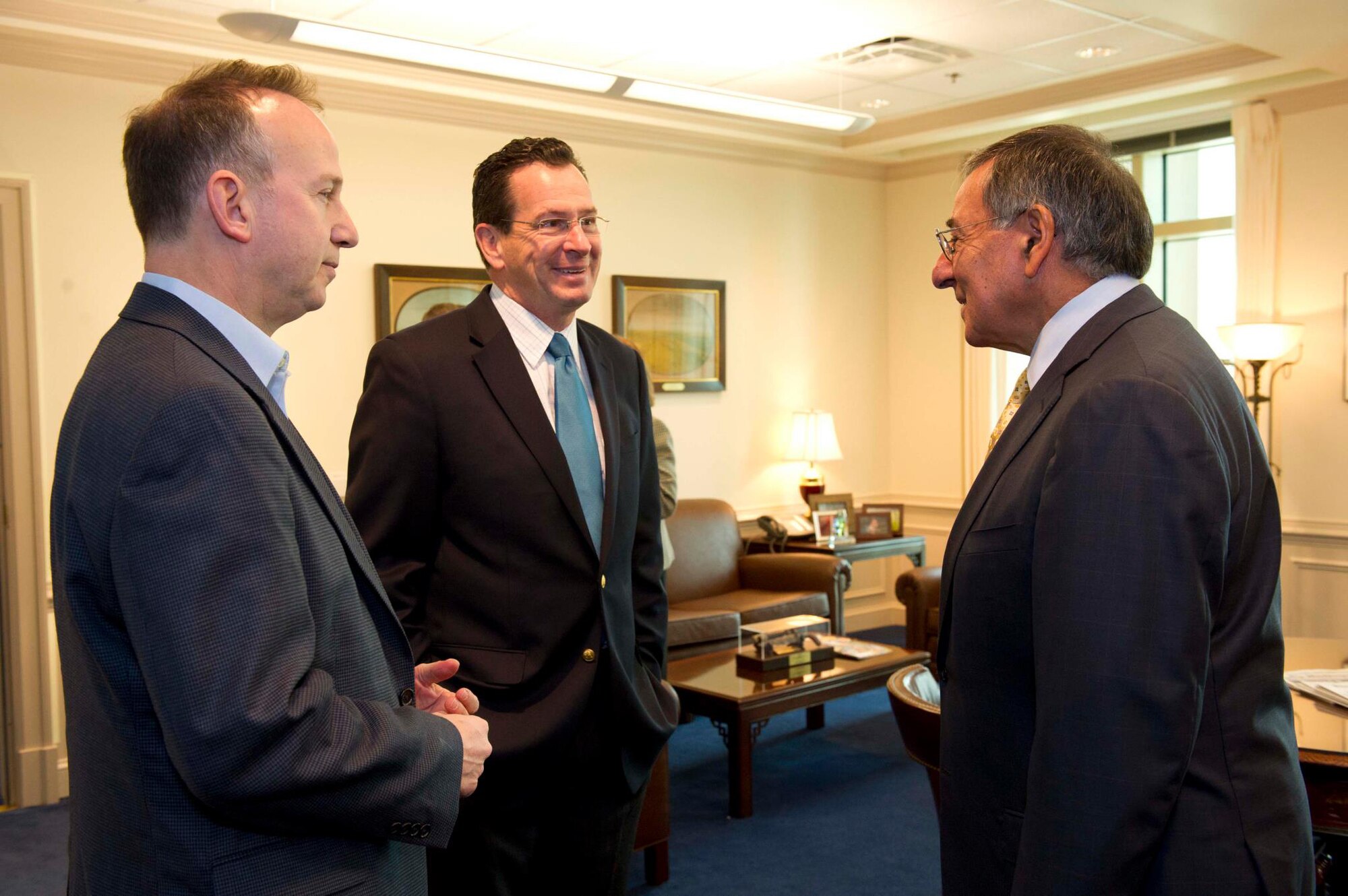 Secretary of Defense Leon E. Panetta meets with Governor Jack Markell of Delaware (left) and Governor Dannel P. Malloy of Connecticut (center) at the Pentagon on November 14, 2011. Secretary Panetta spoke with the governors before they departed the U.S. to visit troops deployed overseas from their states. (DoD photo/Erin A. Kirk-Cuomo)
