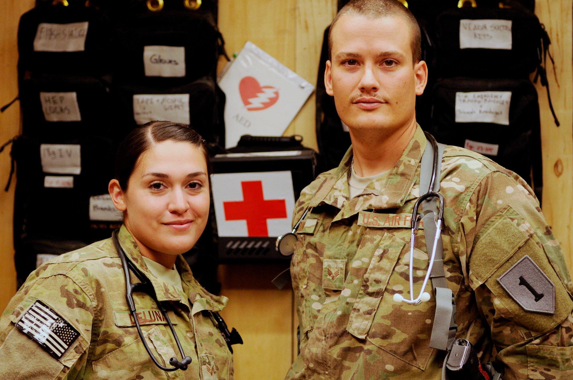 Paktya Provincial Reconstruction Team medics U.S. Air Force Senior Airmen April DeLuna from San Antonio, Texas and Gerrett Cook, from Tracy City, Tenn., are credited with saving the life of a Soldier July 7. Airman Cook is deployed from the 45th Medical Operations Squadron, Patrick AFB, Fla. DeLuna and Cook work in the PRT aid station and are two of five medics who care for more than 75 Soldiers and Airmen. (U.S. Air Force photo/Senior Airman Wesley Farnsworth)