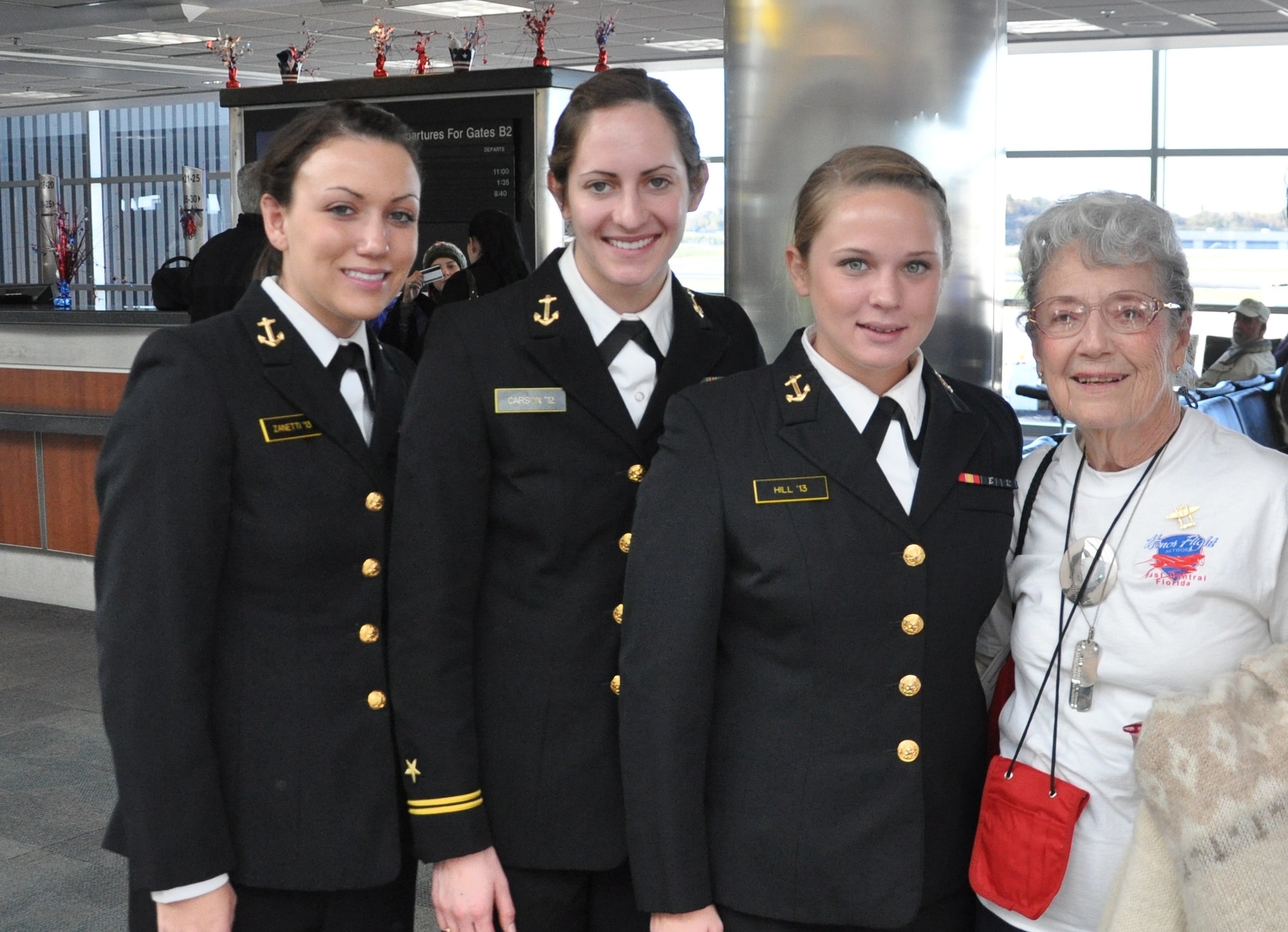 Two generations of military women met, during an Honor Flight, when Midshipmen  from the Naval Academy thanked Leota Cahall for opening doors for women in service during World War II. Cahall served in the 311th General Hospital in the Philippines as an Army nurse. Honor Flights take WW II veterans to visit the memorial in their honor at no cost to the veteran. (U.S. Air Force photo/2nd Lt. Cait Suttie)