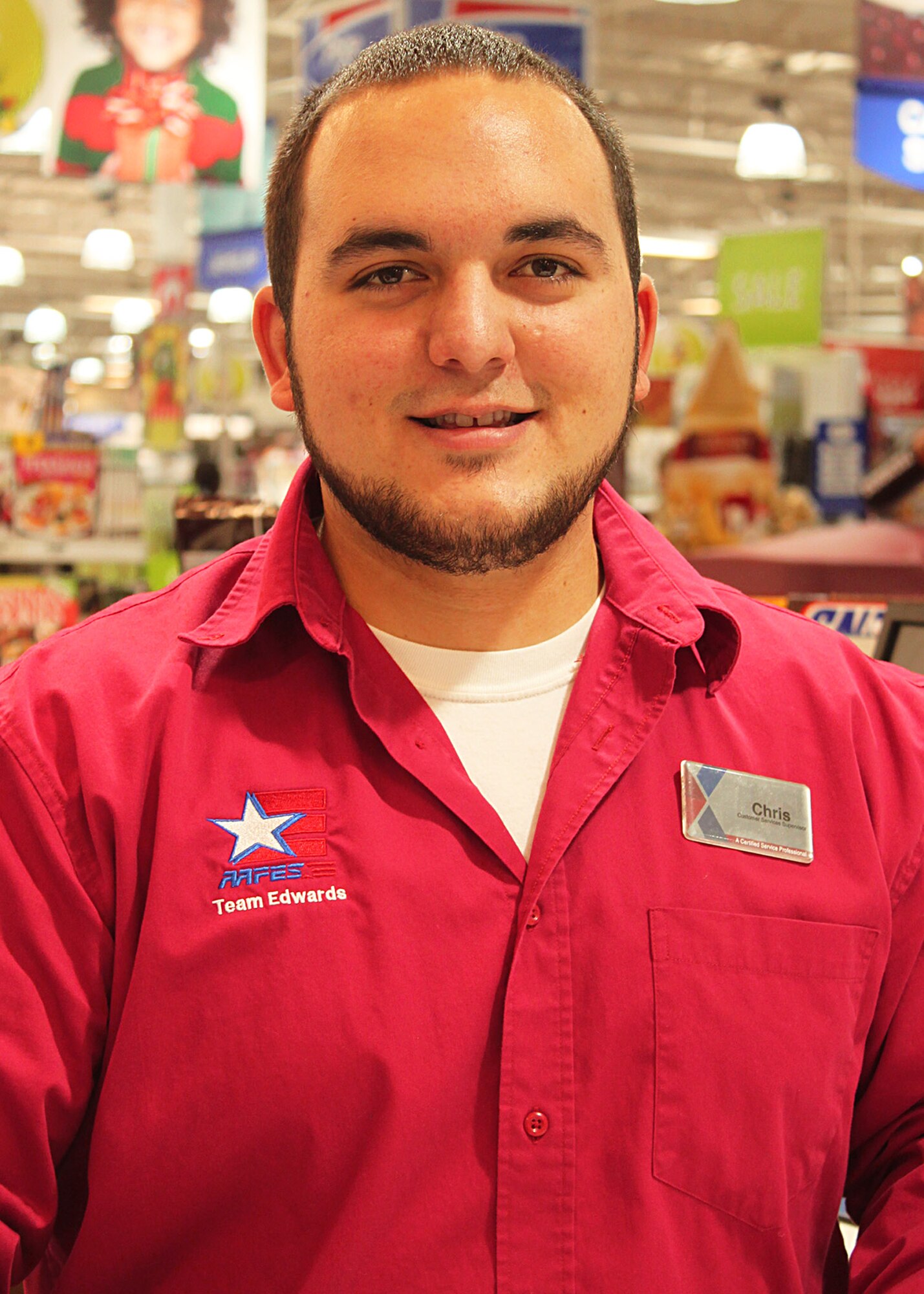 Chris Devoto, Supervisory Exchange Associate, earns the honor of being Warrior of the Week through his exceptional customer service and care for the Team Edwards community. (U.S. Air Force Photo by Meredith Mingledorff) 