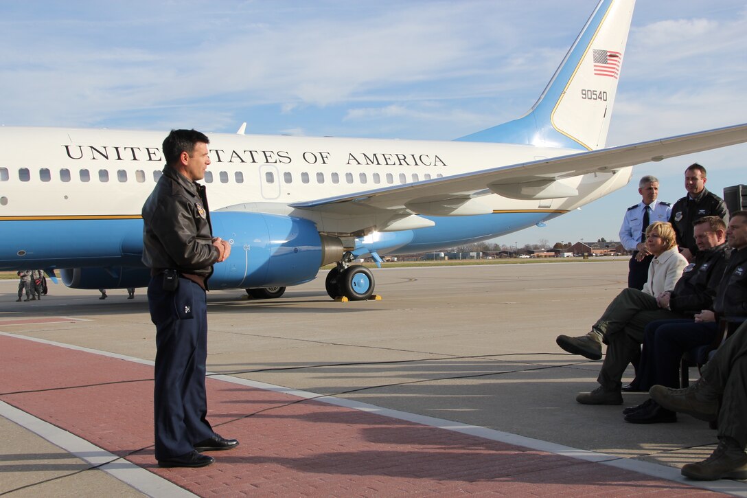 Col. Albert V. Lupenski, 932nd Airlift Wing commander, speaks at the arrival ceremony of the new C-40C aircraft which landed at Scott AFB, Ill on Nov. 18, 2011 .  (U.S. Air Force photo/Tech. Sgt. Gerald Sonnenberg)