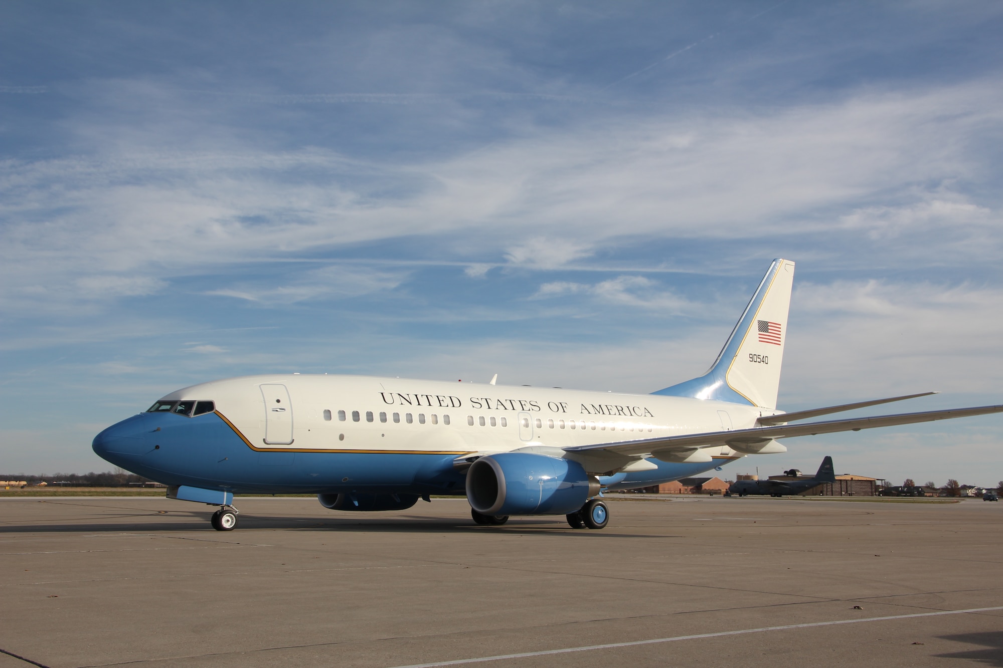 A gleaming new C-40C taxis up to the Scott AFB base operations on Nov. 18, 2011.  This is the fourth C-40C assigned to the 932nd Airlift Wing.  The aircraft was piloted by unit commanders from the 73rd and 54th Airlift Squadrons, respectively.  (U.S. Air Force photo/Tech. Sgt. Dan Oliver)