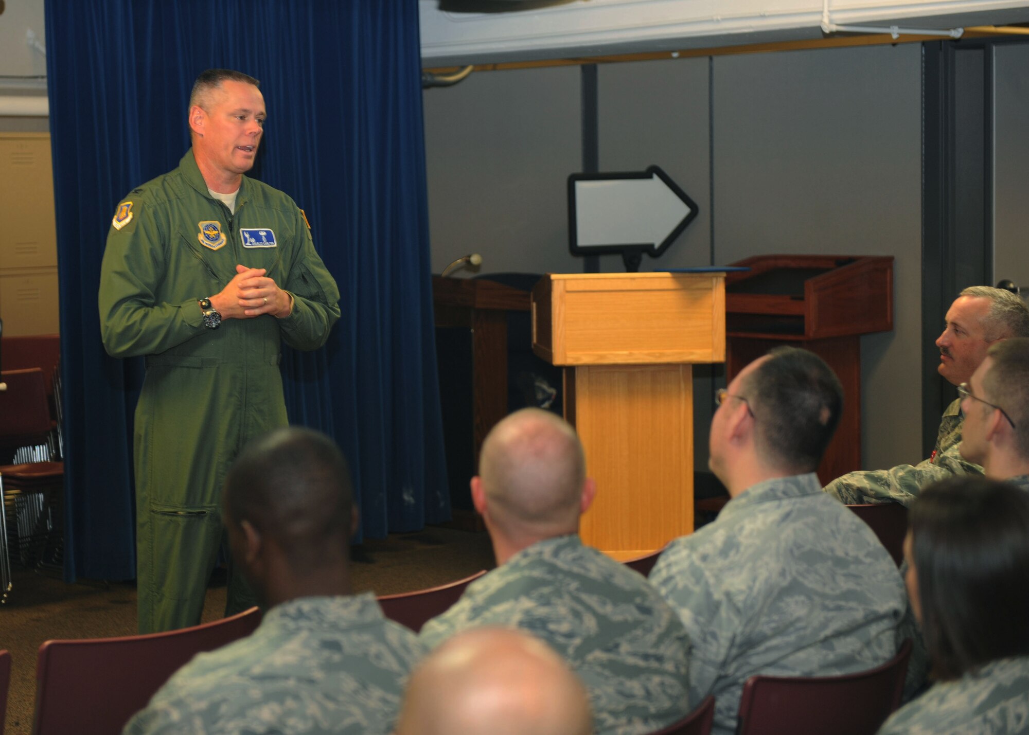Col. Charles Carlton, 22nd Medical Group commander, speaks to McConnell’s medics during the Health Services inspection out-brief Nov. 18, 2011, McConnell Air Force Base, Kan.  At the conclusion of the five day inspection, McConnell achieved a 98, the highest score ever achieved by an Air Force unit.  (U.S. Air Force photo/ Airman 1st Class Maurice Hodges)