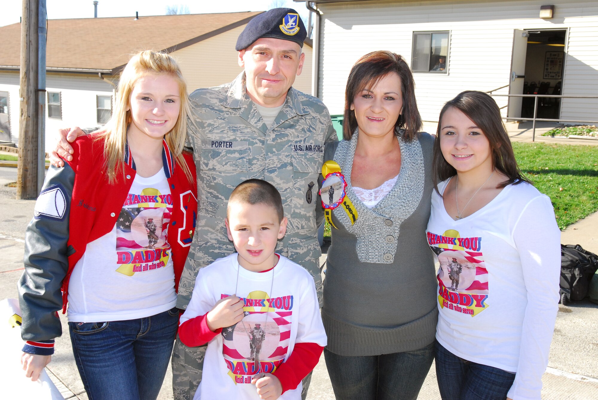 Five members of the 171st Security Forces Squadron serving with POMLT 2, a police operational mentor and liaison team, returned from Afghanistan today. Deployed for nearly a year, they were greeted by family members, friends and fellow Airmen.  (National Guard photo by Tech. Sgt. Stacy Gault)