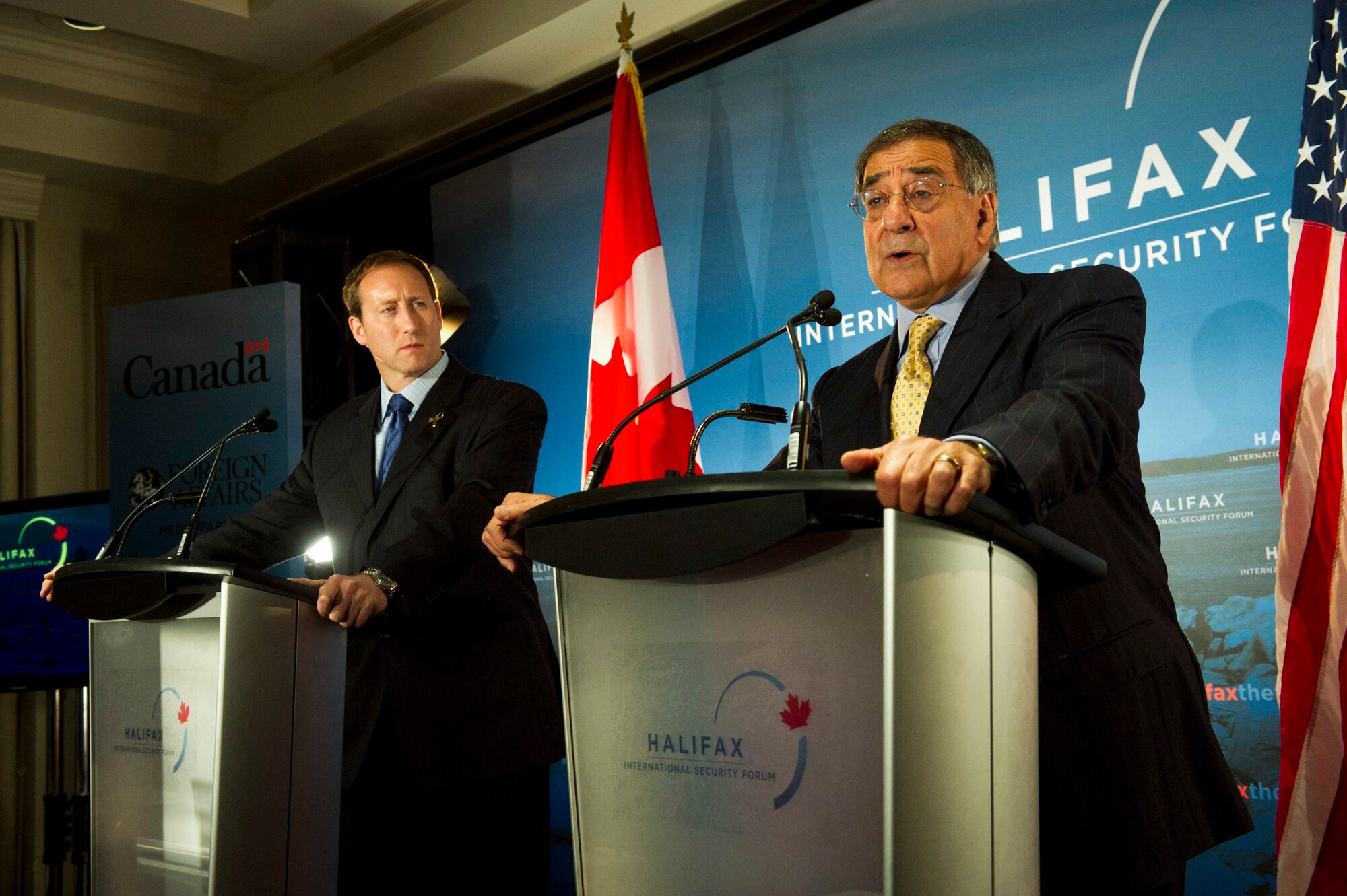 U.S. Defense Secretary Leon E. Panetta (right) and Canadian Defense Minister Peter MacKay hold a press conference to open the Halifax International Security Forum in Halifax, Nova Scotia, Nov. 18, 2011. Panetta and MacKay fielded questions regarding possible U.S. budget cuts to the F-35 strike fighter and its impending impact on Canada. (Department of Defense photo/Erin A. Kirk-Cuomo)