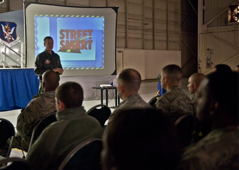 U.S. Air Force Col. Billy Thompson, 23rd Wing commander, speaks briefly before a Street Smart safety briefing presented by the S.A.F.E. (Stay Alive From Education) program at Moody Air Force Base, Ga., Nov. 18, 2011. Two directors from the S.A.F.E. program shared stories about traumatic injuries and fatalities caused by reckless driving. A slideshow of graphic images from real accidents was shown as examples of what could happen when alcohol or drugs are taken before driving. The presentation served as a method to instill the repercussions of driving while intoxicated in the heads of Airmen ages 26 and under. (U.S. Air Force photo by Senior Airman Eileen Meier/Released)