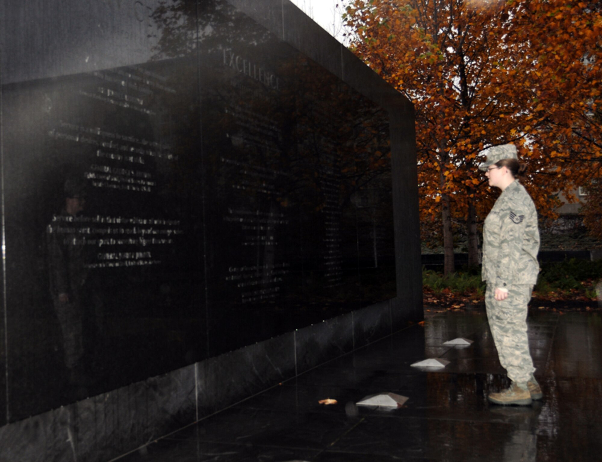 Staff Sgt. Brierly Davis, 94th OG, Intelligence Operations Specialist, reads the inscription from the Air Force Memorial during a trip to Washington D.C. The trip was sponsored by the 94th Airlift Wing HRDC. (U.S. Air Force photo/Master Sgt. Travon Dennis)