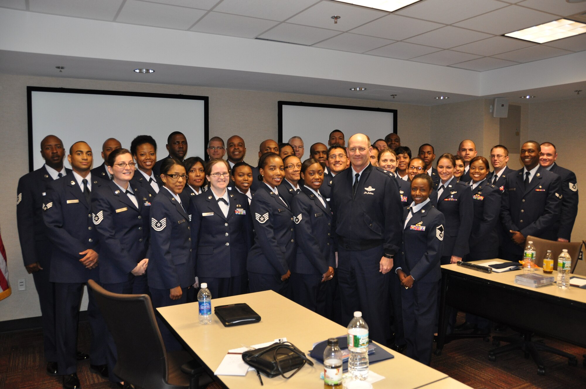 Thirty-seven Dobbins reservists pose with Maj. Gen. James Jackson, Deputy to the Chief of Air Force Reserve, Headquarters U.S. Air Force, Washington, D.C., following his briefing conducted Nov. 14. (U.S. Air Force photo/Senior Airman Chelsea Smith)