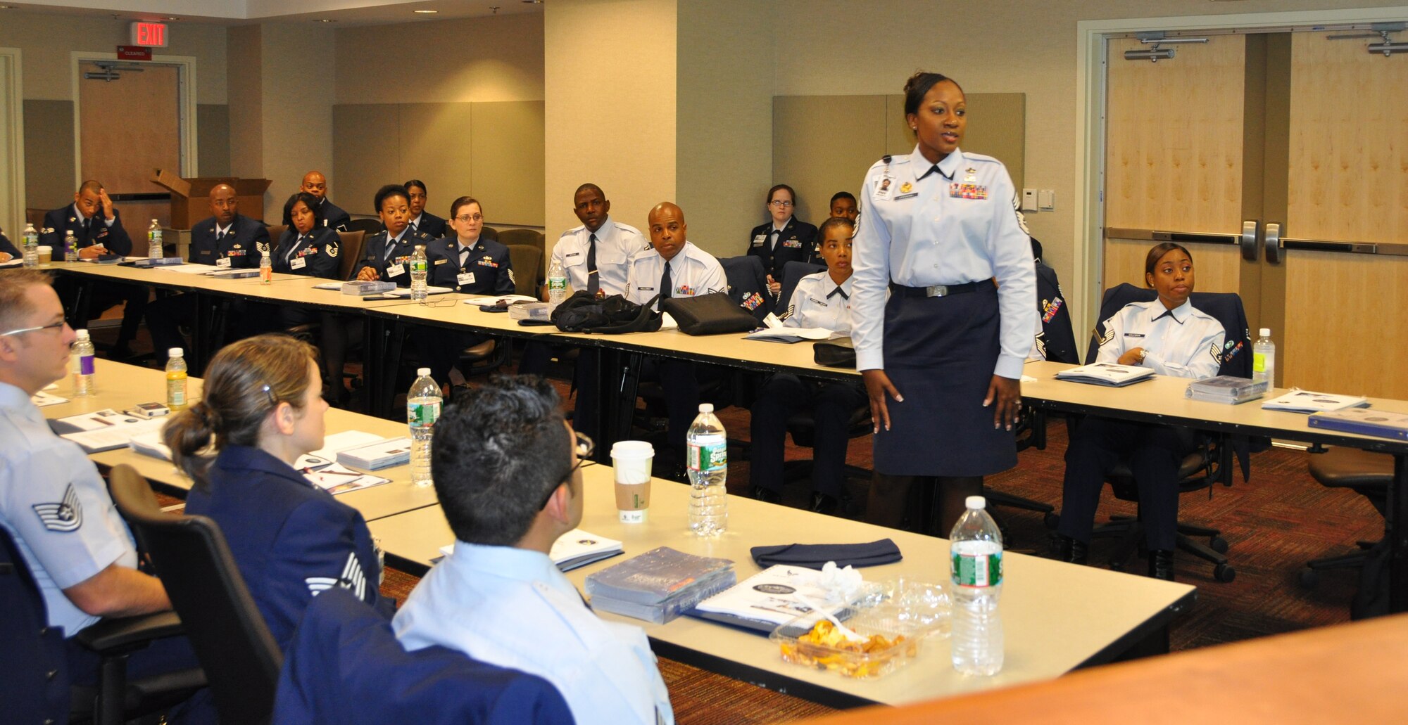 Dobbin’s reservists are briefed by Chief Master Sgt. Desriann L. Stevens, superintendent of Policy Integration at United States Air Force headquarters, on the orientation schedule Nov. 14 at the Pentagon. (U.S. Air Force photo/Senior Airman Chelsea Smith)