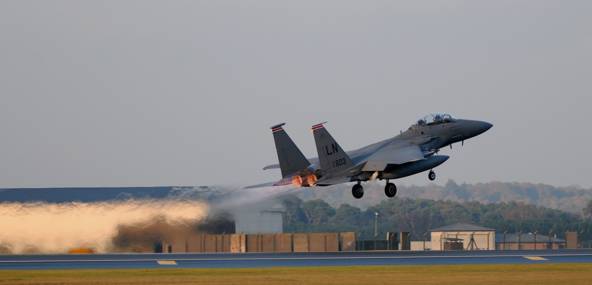 ROYAL AIR FORCE LAKENHEATH, England – An F-15E from the 494th Fighter Squadron takes off to train with Swedish Air Force members, Nov. 17, 2011.  Members from the SAF and 48th Fighter Wing trained together to increase their interoperability and gather experience with dissimilar aircraft. (U.S. Air Force photo by Airman 1st Class Cory D. Payne)